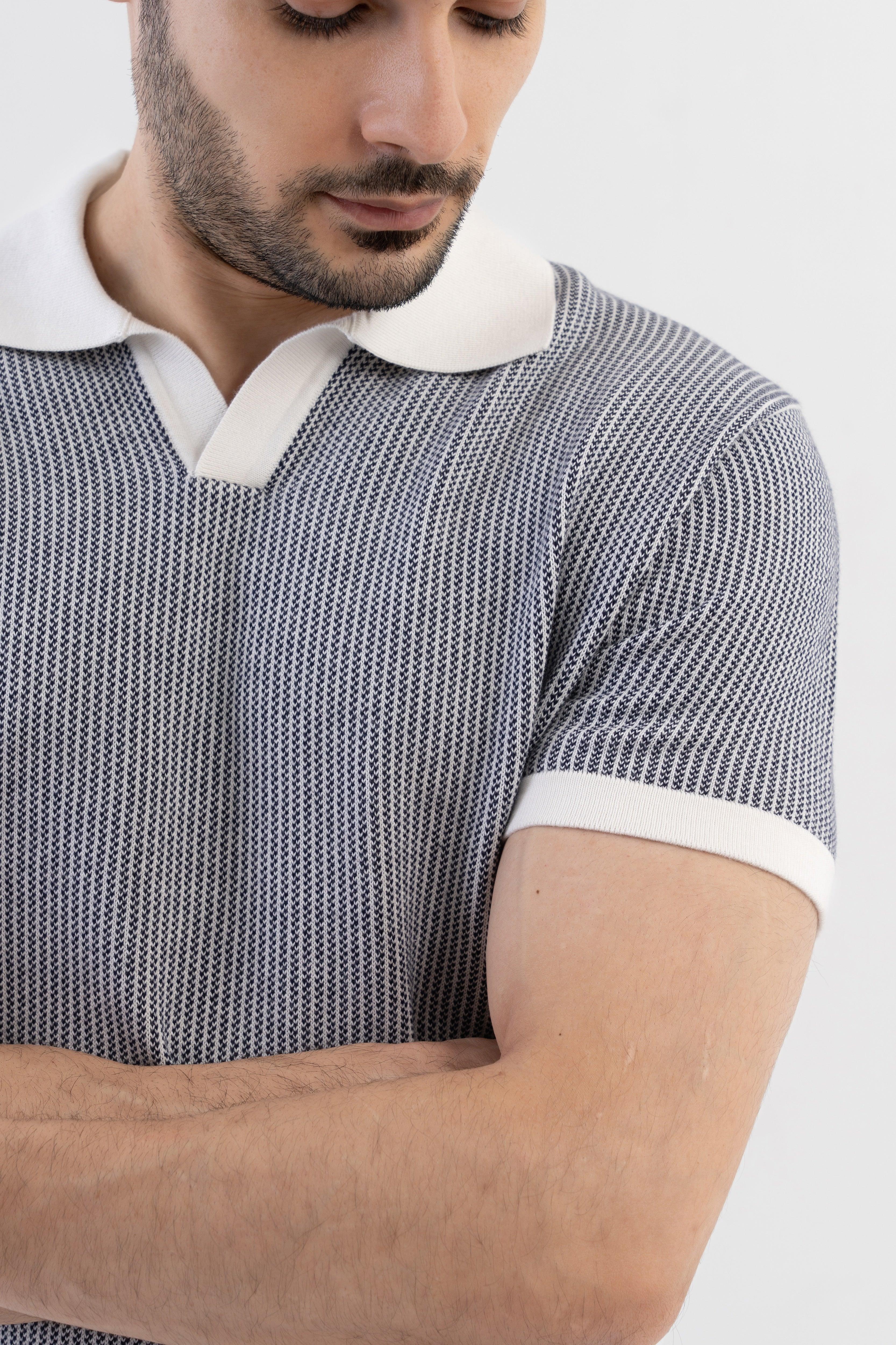 Jacquard Johnny-Collar Knit Polo in Navy X White