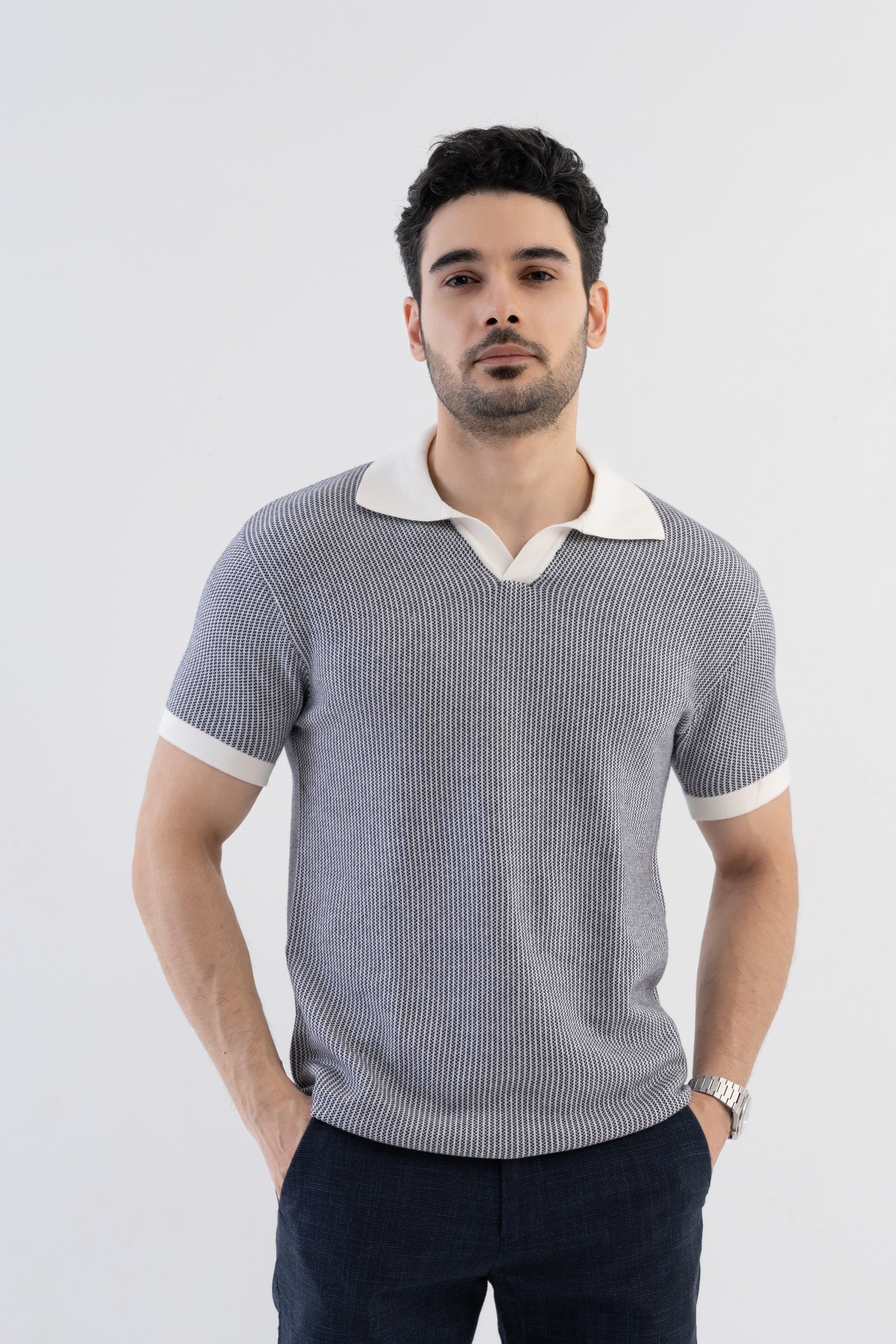 Jacquard Johnny-Collar Knit Polo in Navy X White