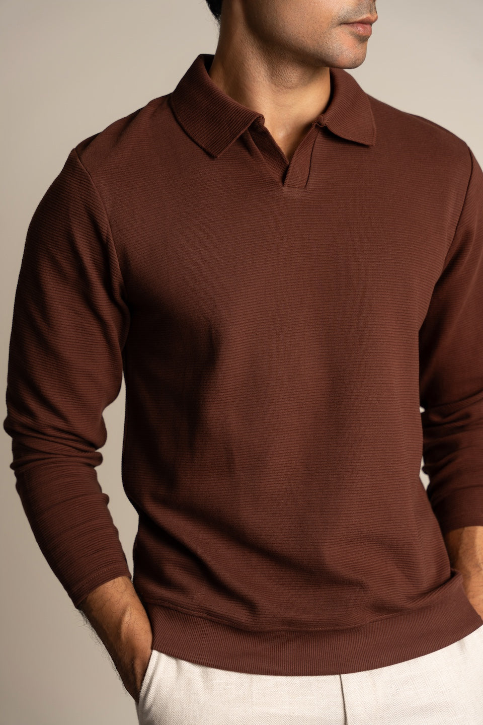 Ottoman Rib Knit Polo in Deep Brown