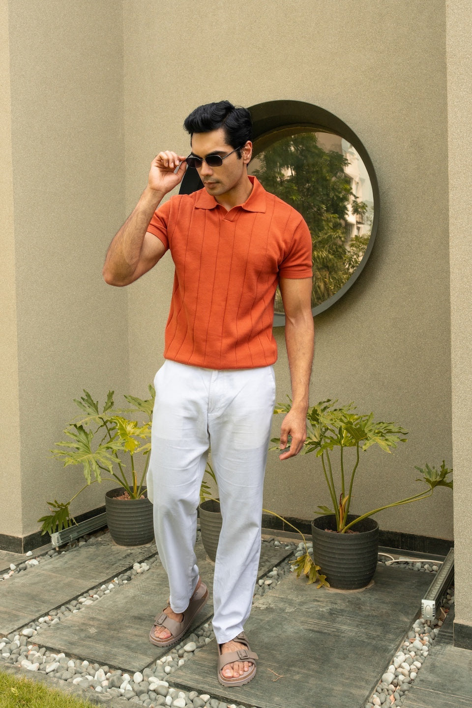 Johnny-Collar Knit Polo in Tuscan Terra