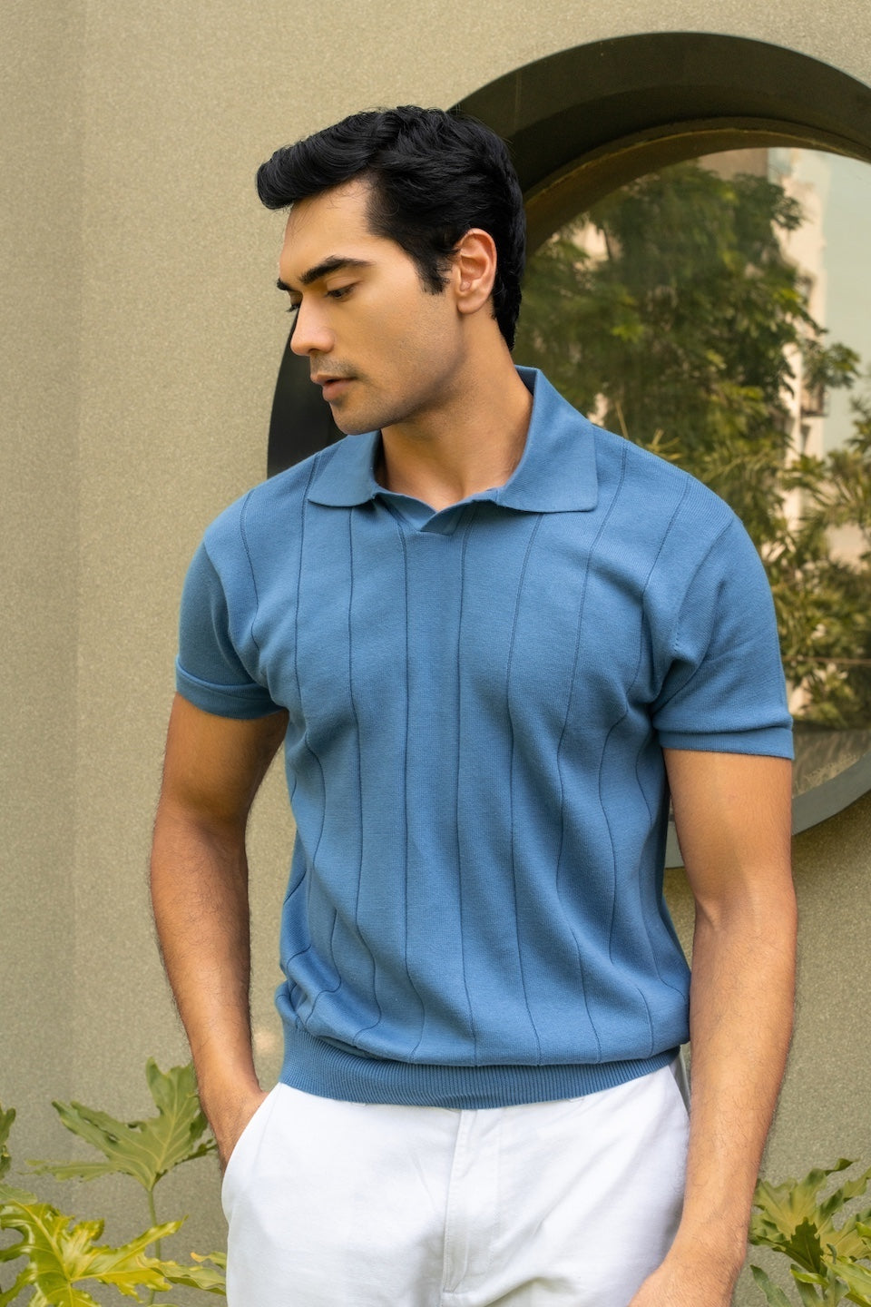Johnny-Collar Knit Polo in Azure Blue