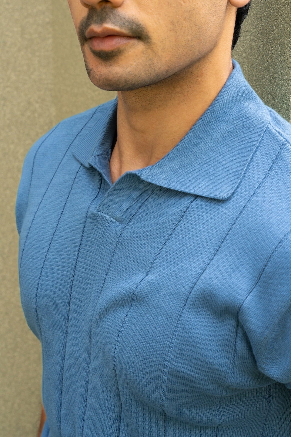 Johnny-Collar Knit Polo in Azure Blue