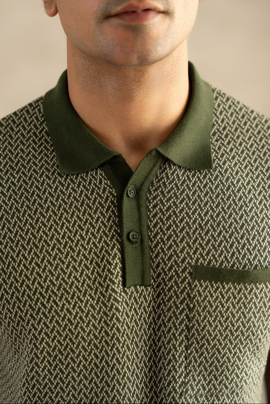 Jacquard Knit Polo in Moss Matrix