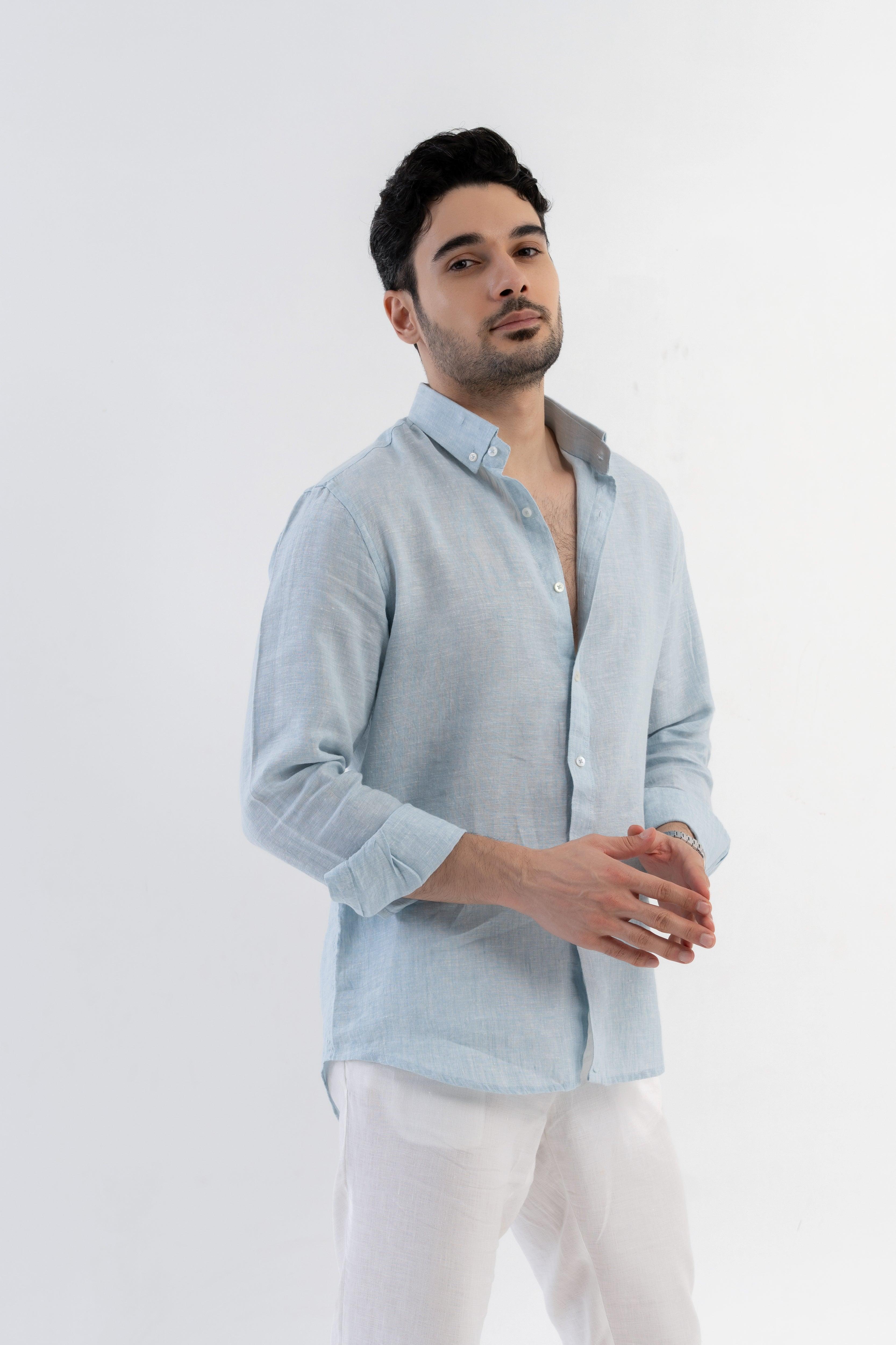 100% Linen Soft Touch Frosty Blue Shirt