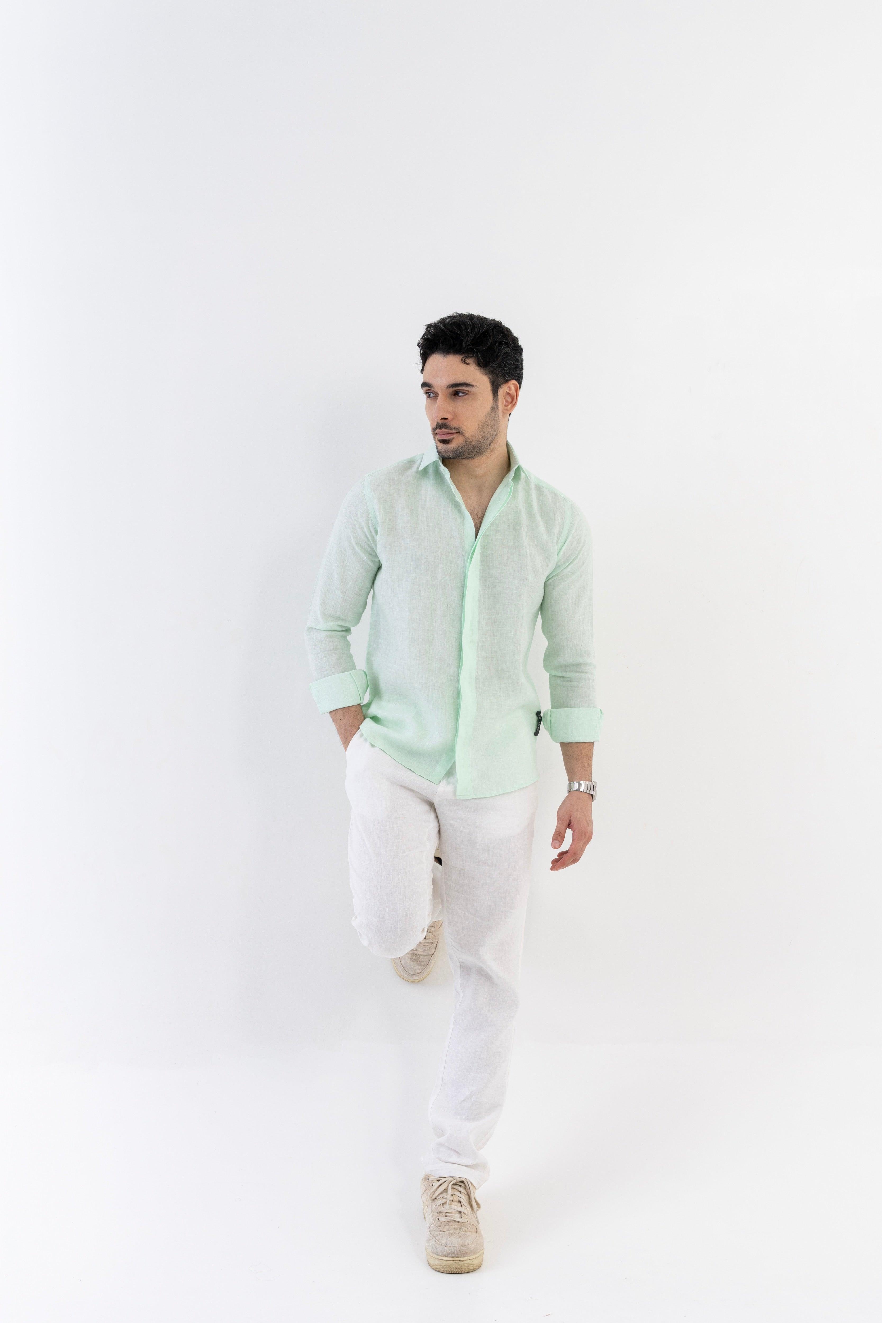 100% Linen Soft Touch Relaxed Fit Shirt in Cool Mint