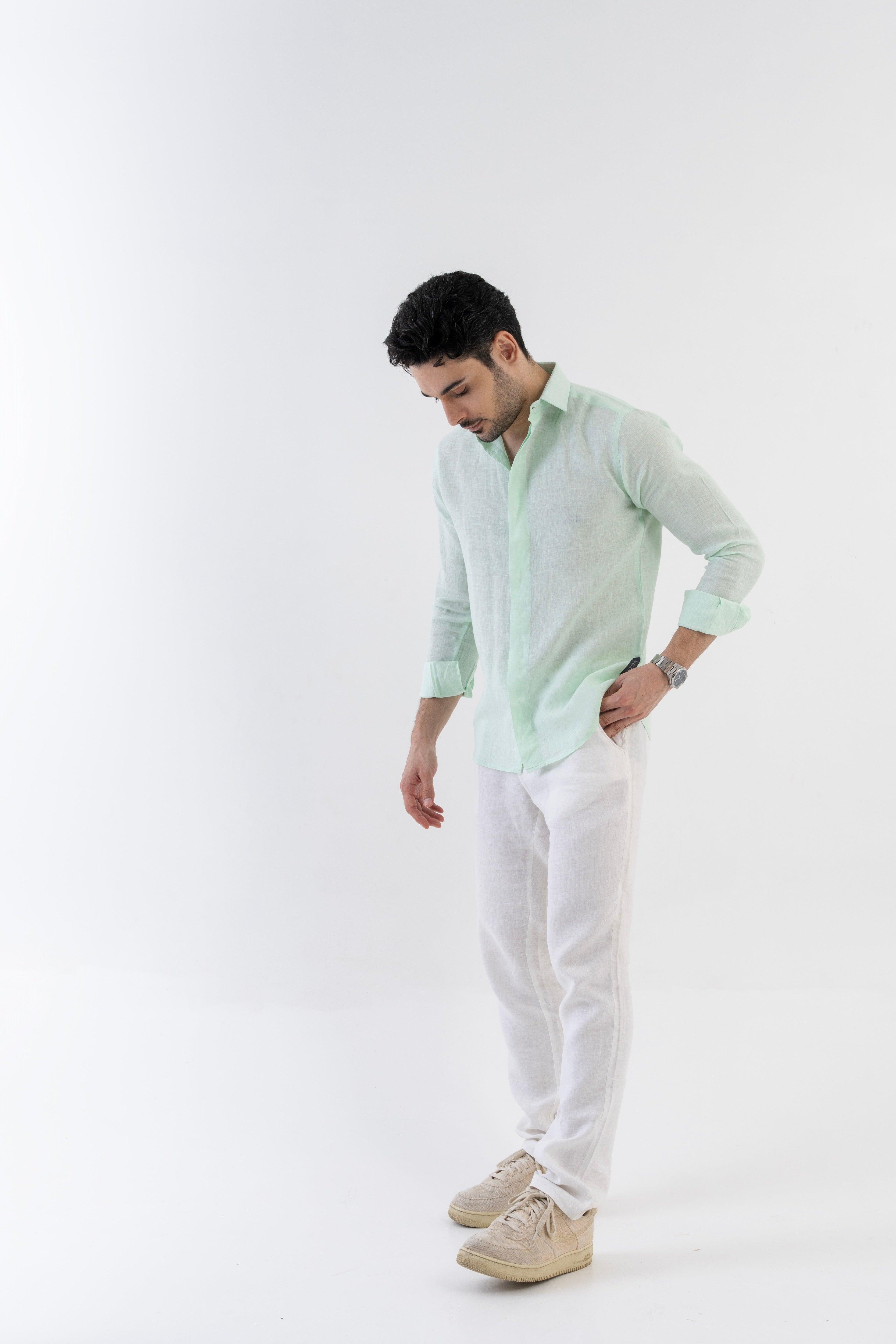 100% Linen Soft Touch Relaxed Fit Shirt in Cool Mint