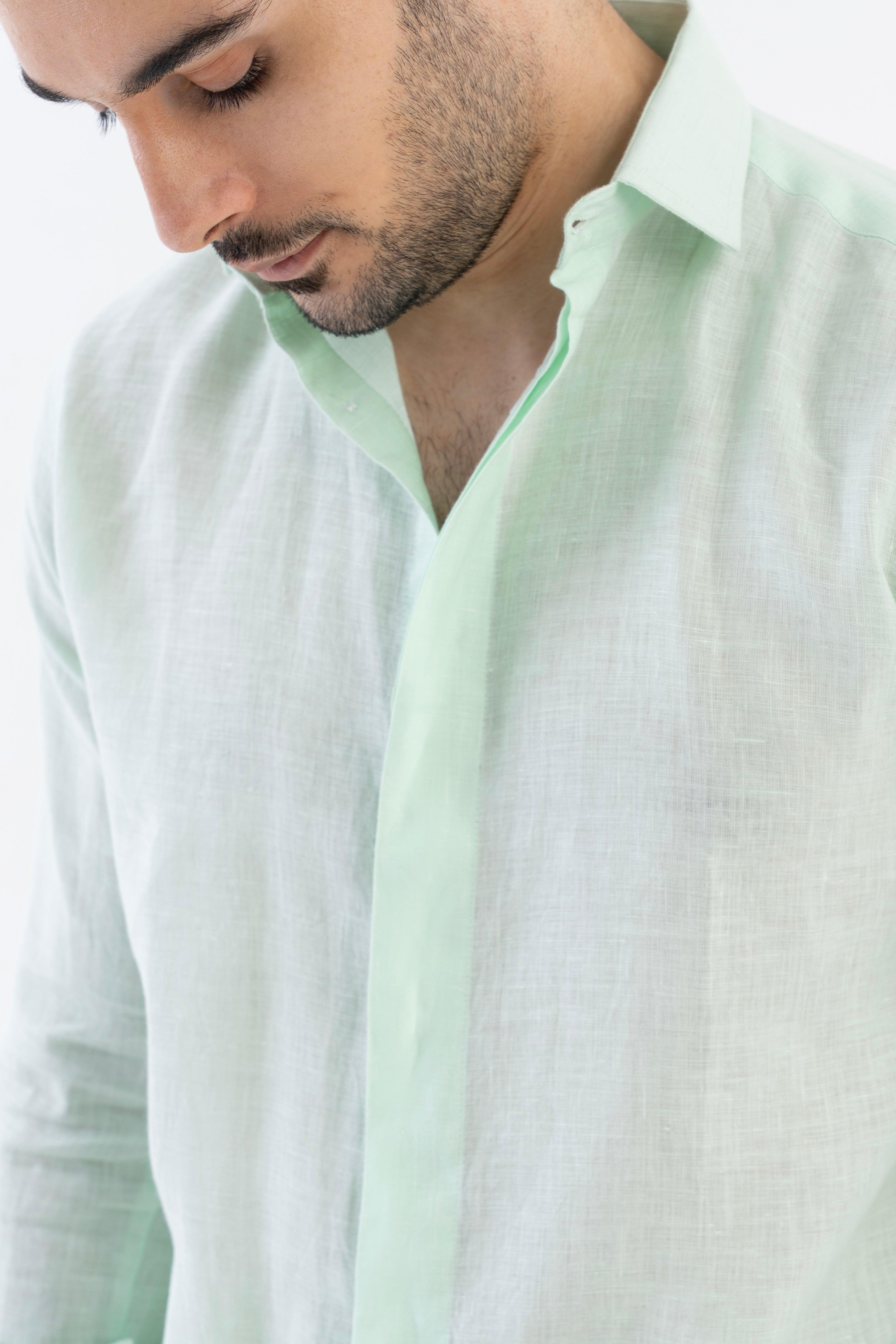 100% Linen Soft Touch Relaxed Fit Shirt in Cool Mint