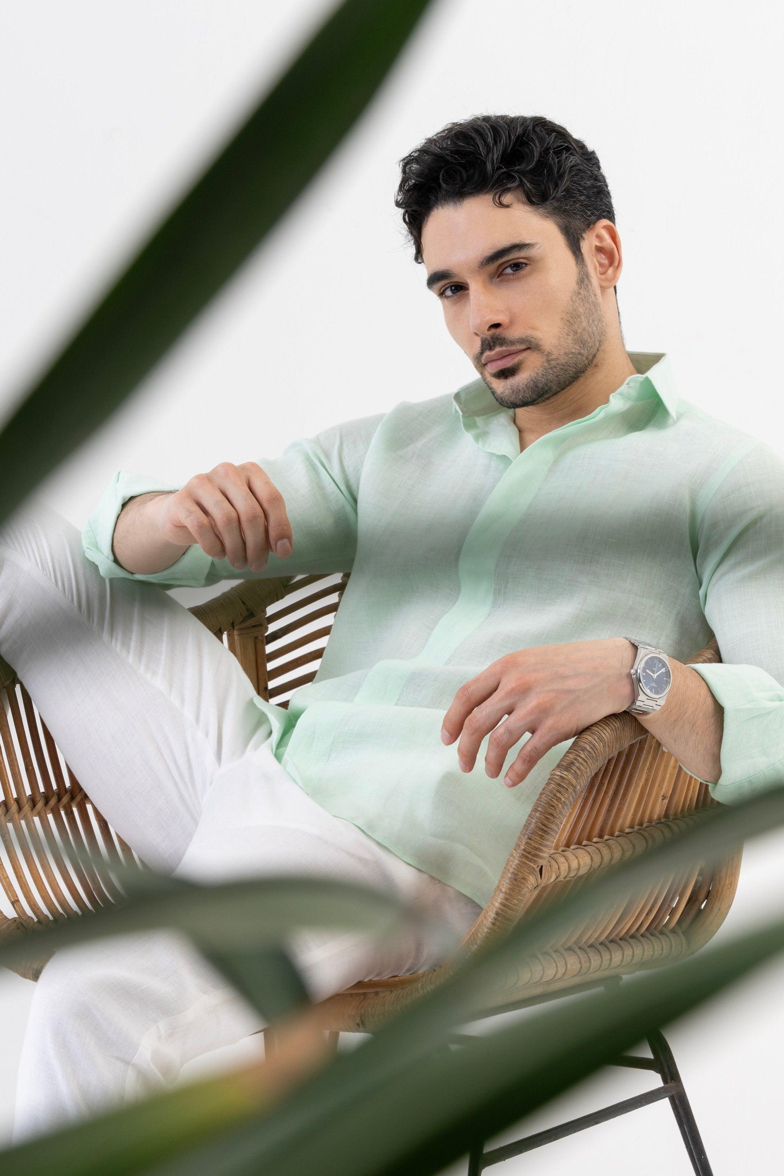 100% Linen Soft Touch Relaxed Fit Shirt in Cool Mint