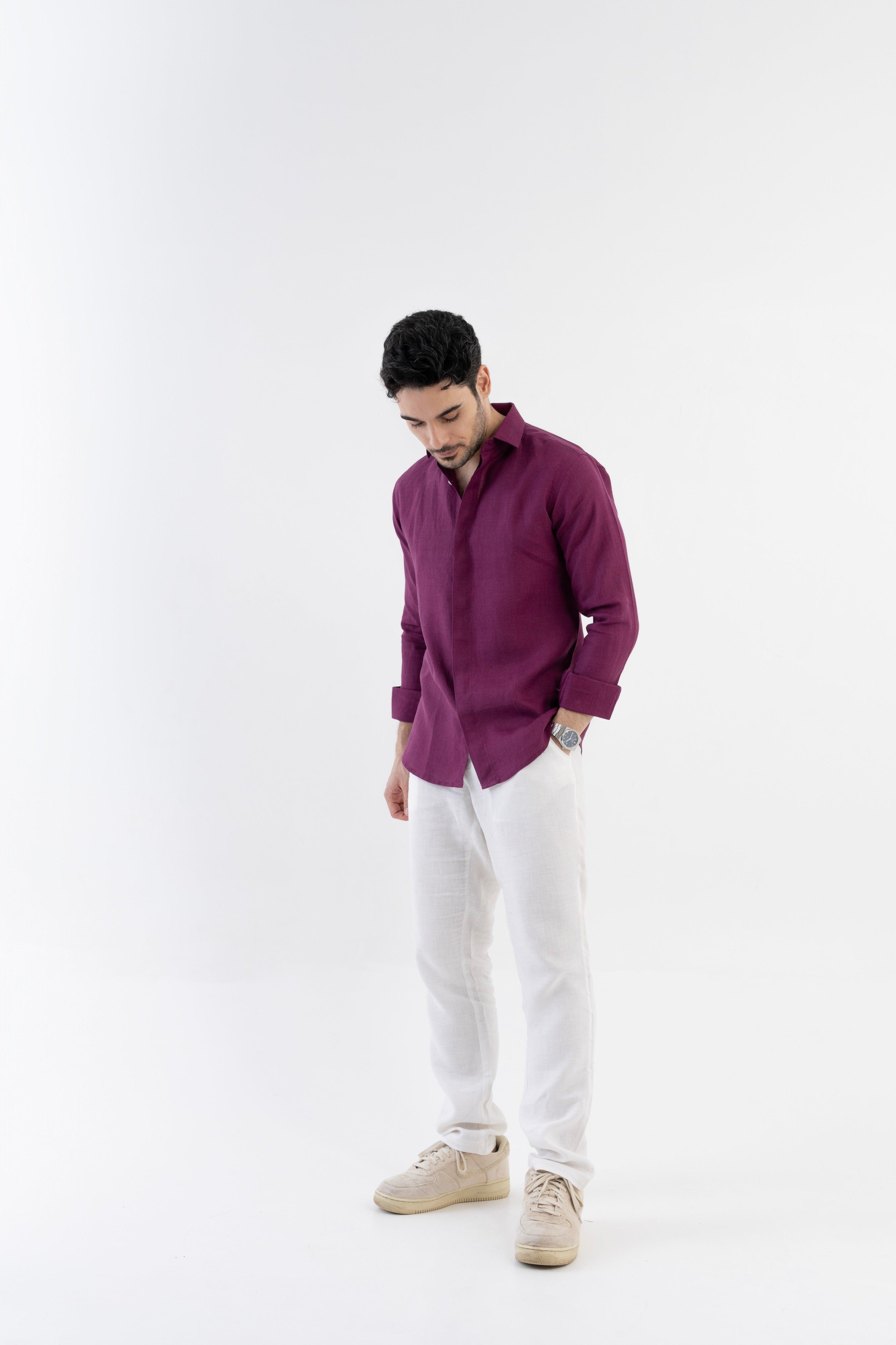 100% Linen Soft Touch Relaxed Fit Shirt in Mulberry Mist