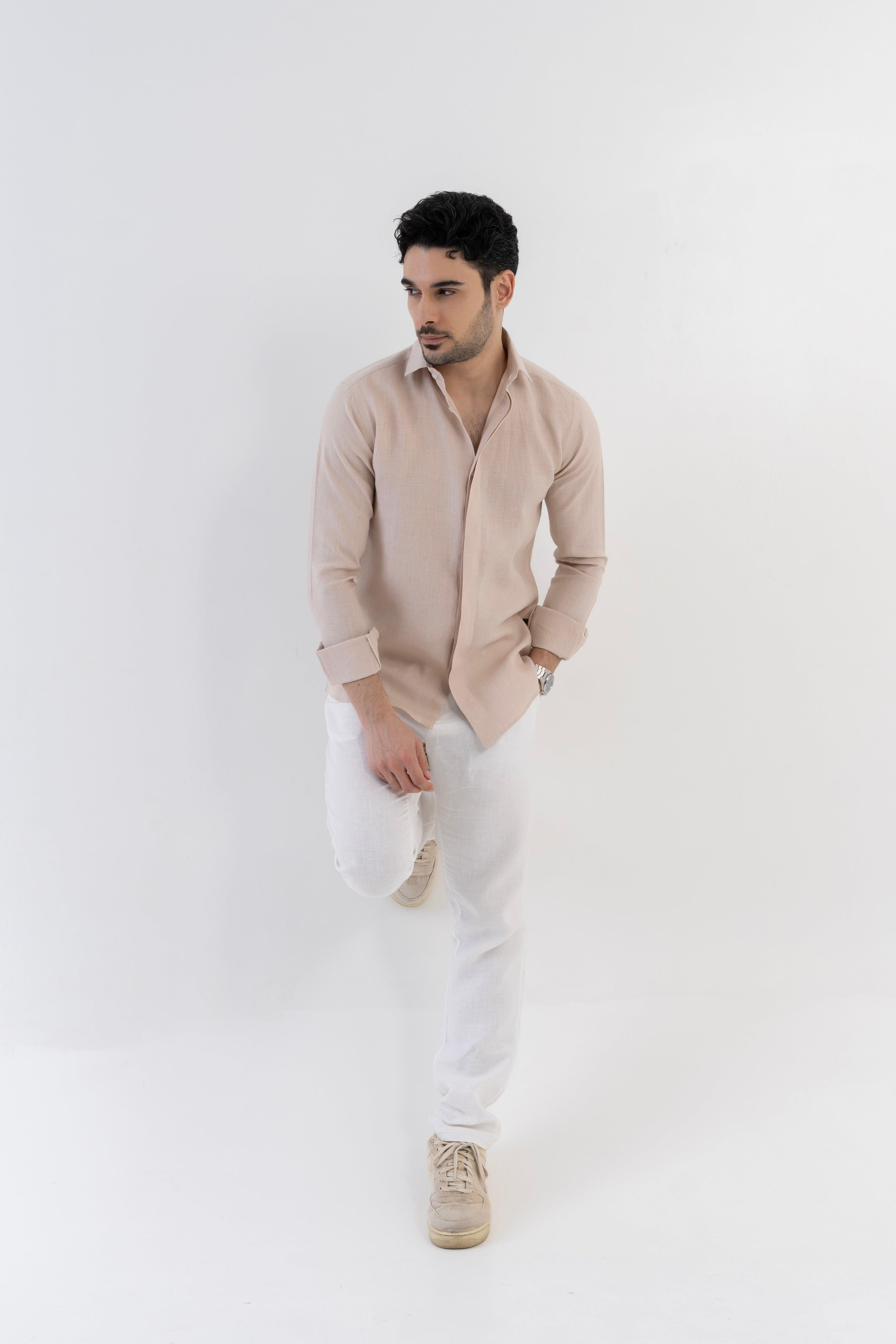 100% Linen Soft Touch Relaxed Fit shirt in Oatmeal Beige