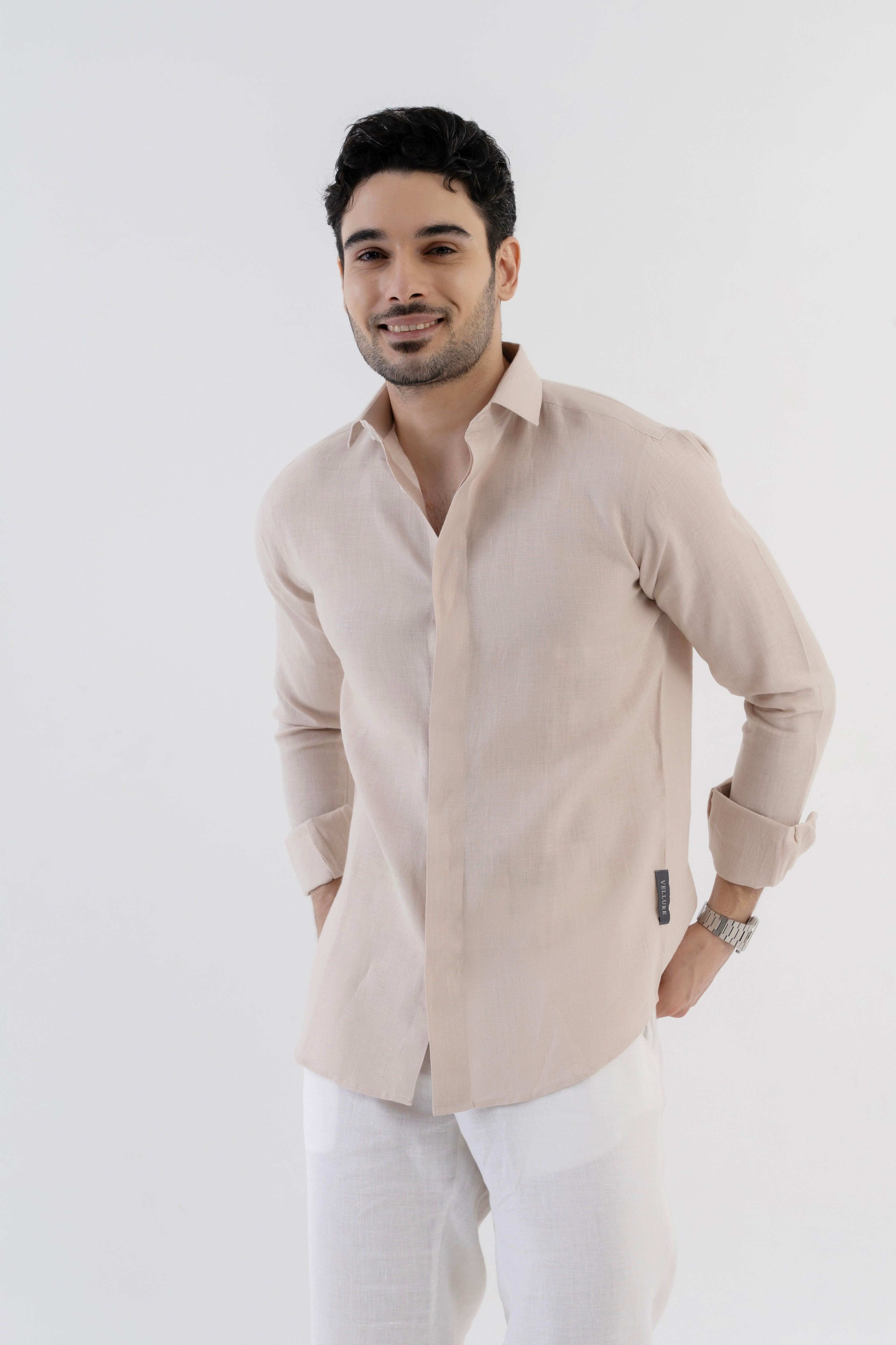 100% Linen Soft Touch Relaxed Fit shirt in Oatmeal Beige