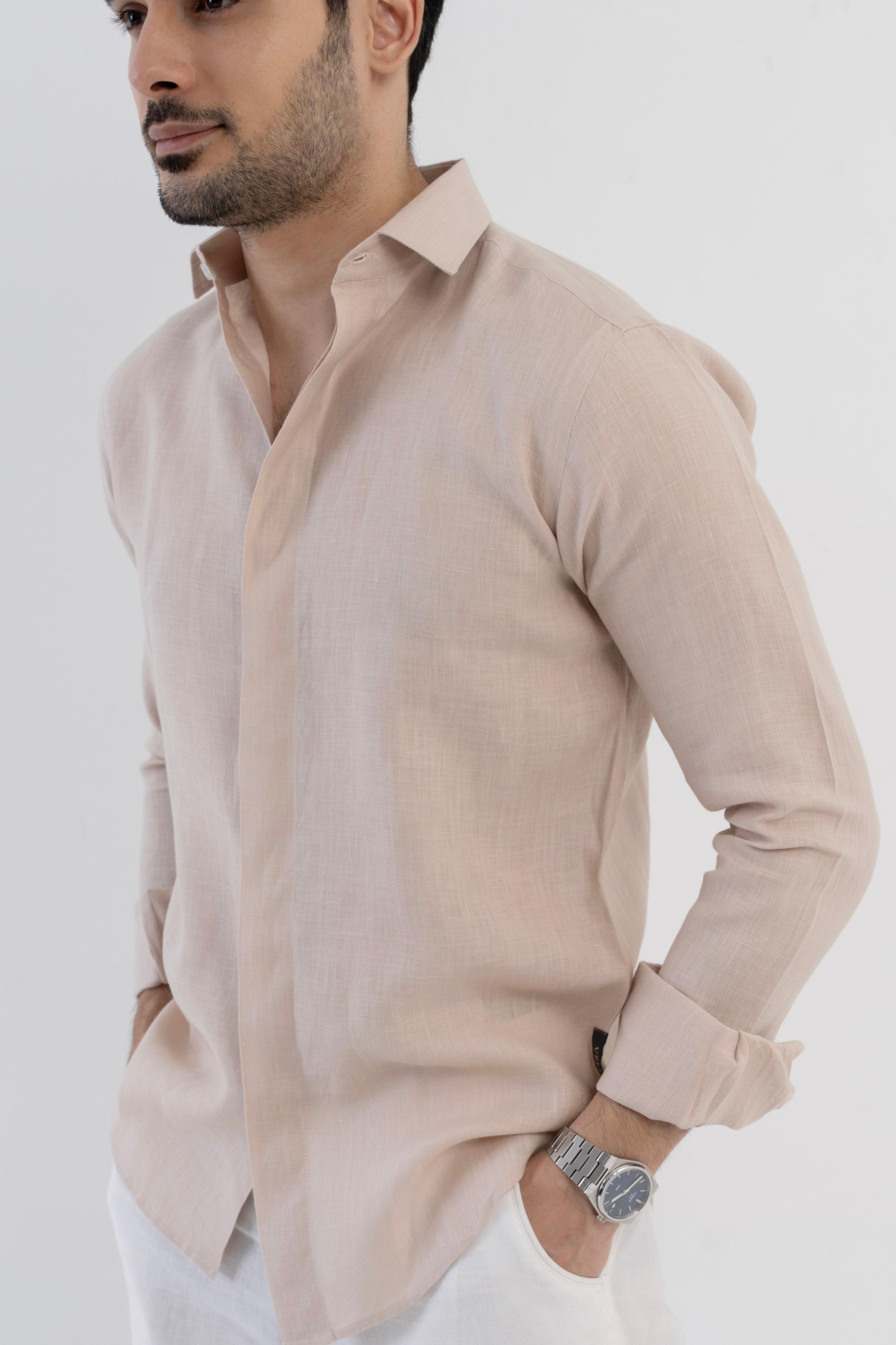 100% Linen Soft Touch Relaxed Fit shirt in Oatmeal Beige