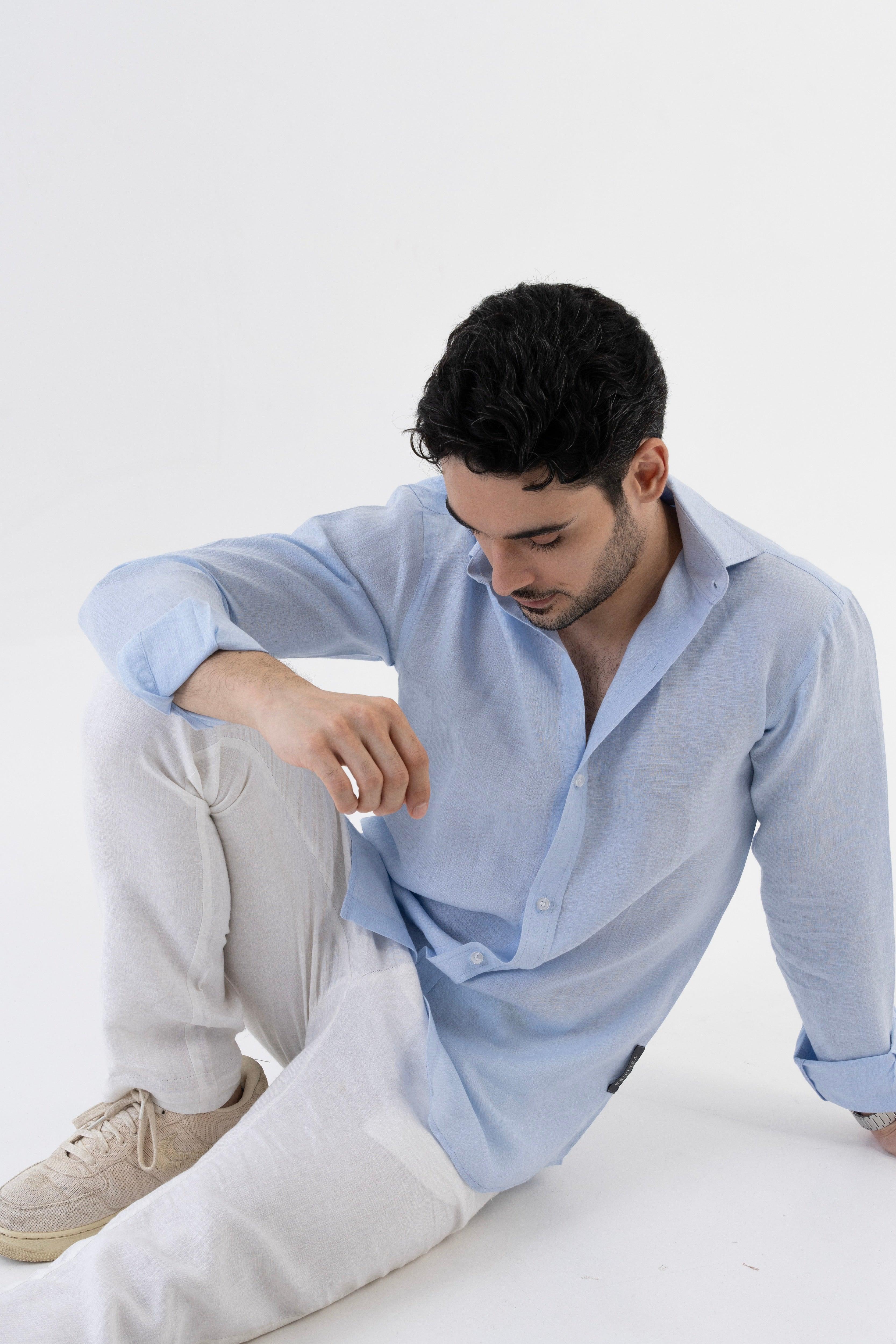 100% Linen Soft Touch Sky Blue Shirt