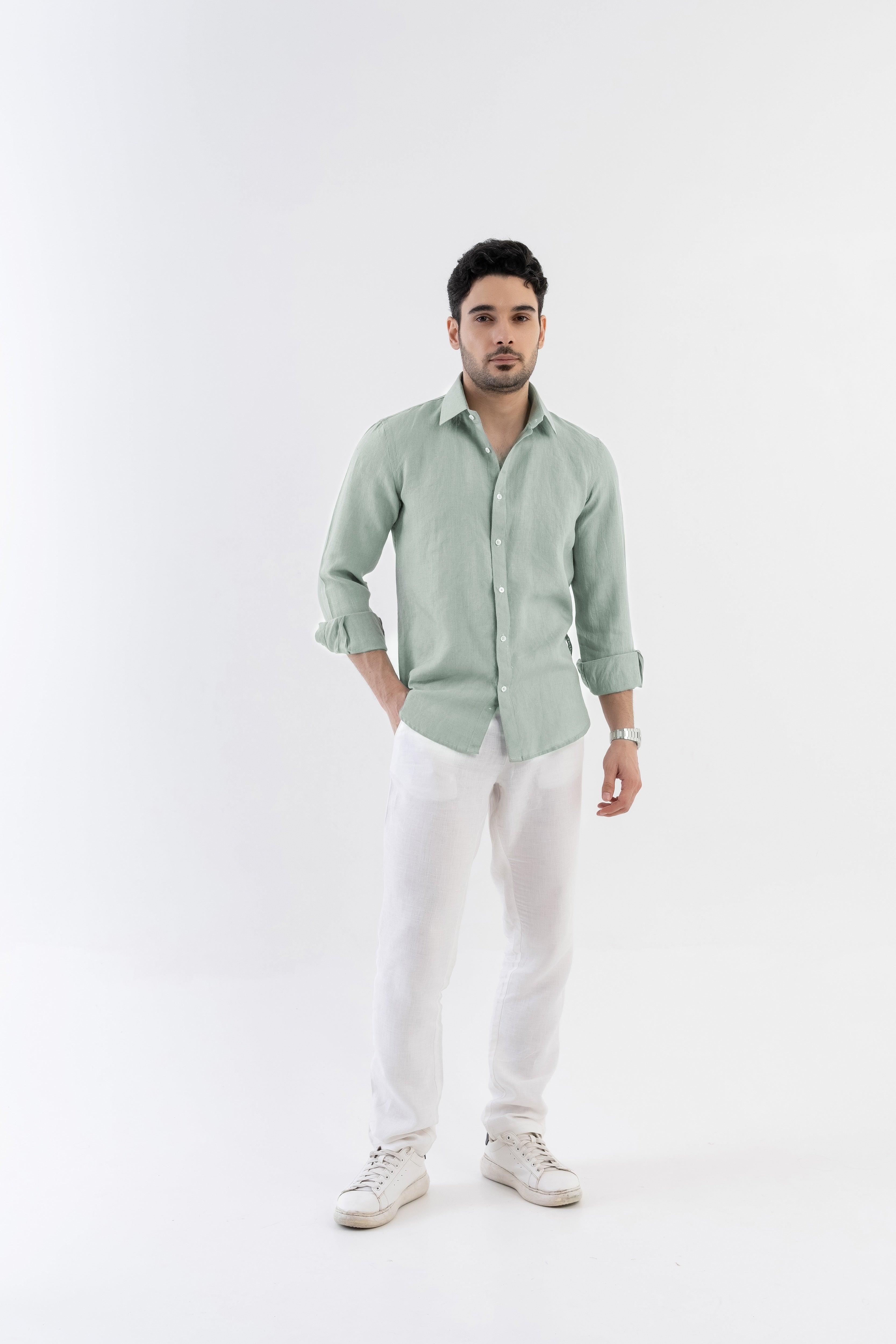 100% Linen Soft Touch Relaxed Fit Shirt in Lust Sage