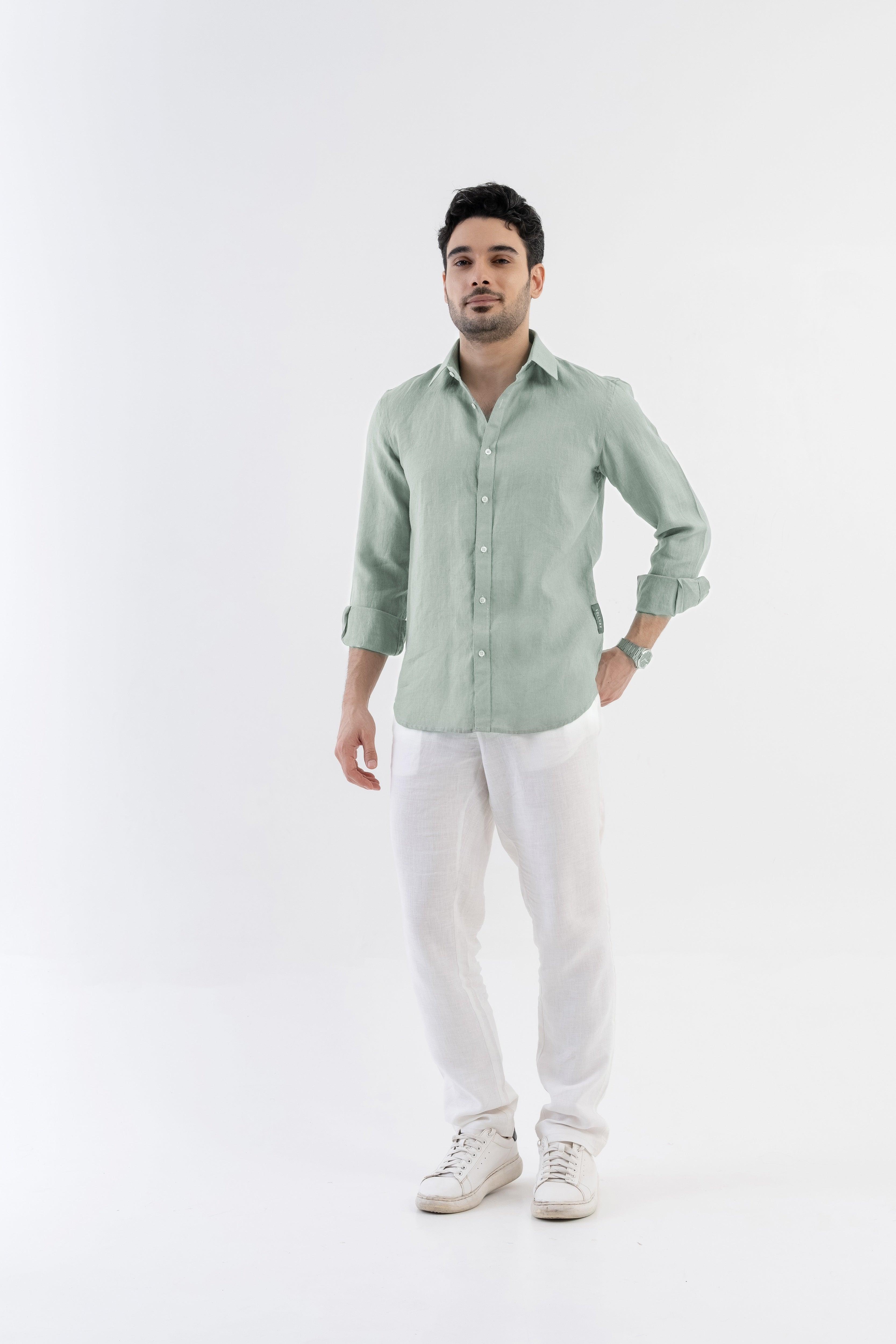 100% Linen Soft Touch Relaxed Fit Shirt in Lust Sage