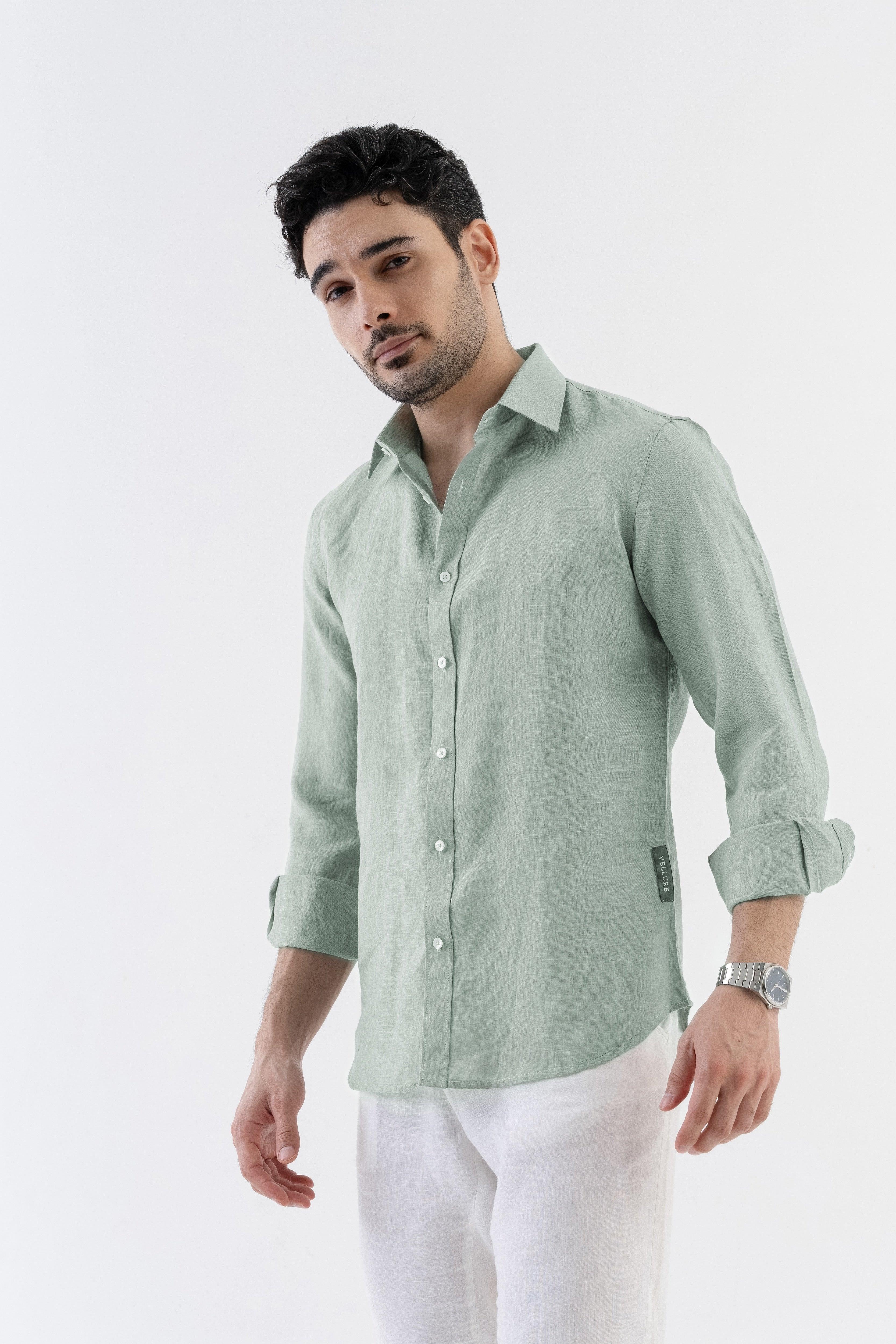 100% Linen Soft Touch Relaxed Fit Shirt in Lust Sage