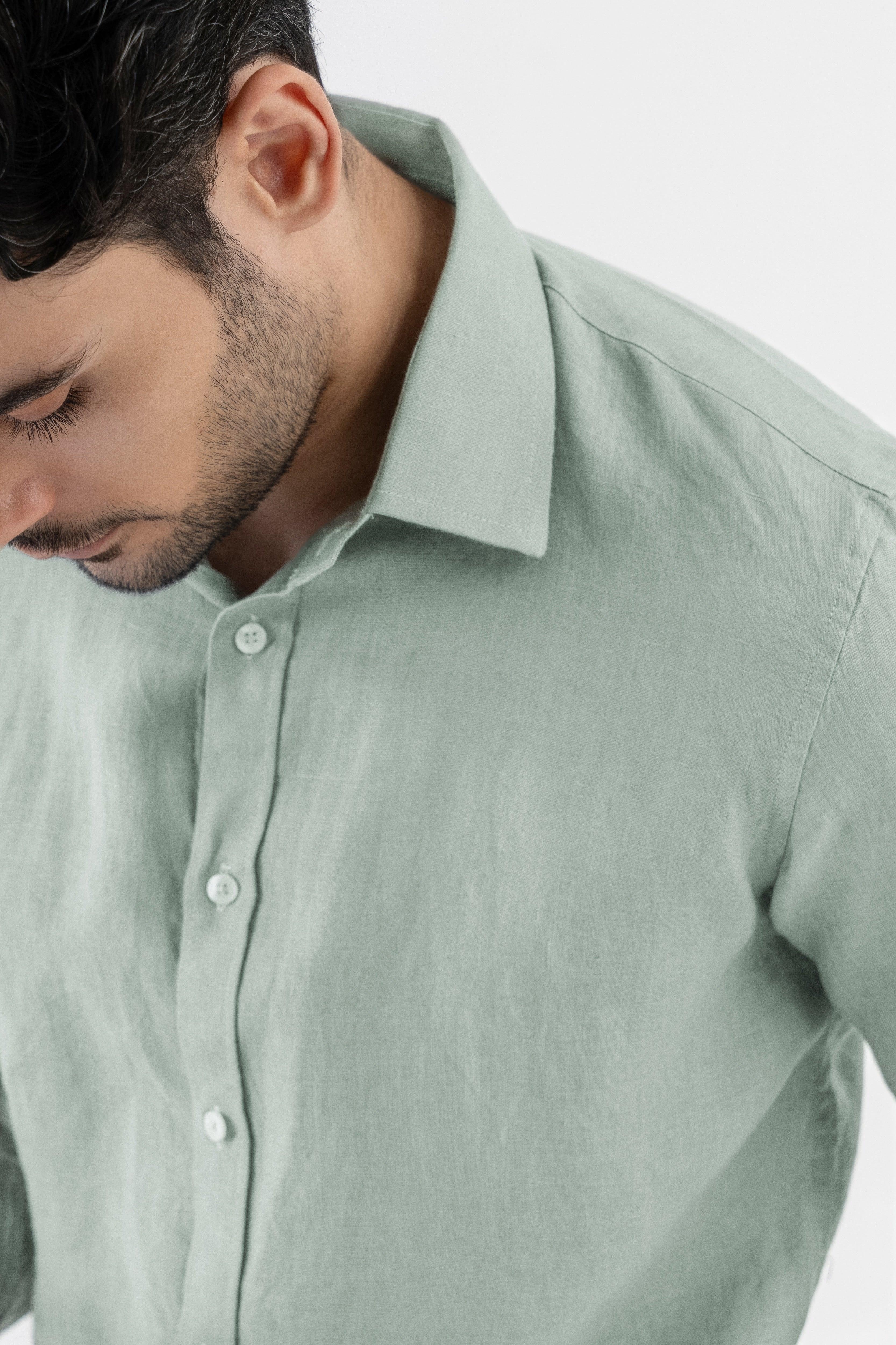 100% Linen Soft Touch Relaxed Fit Shirt in Lust Sage