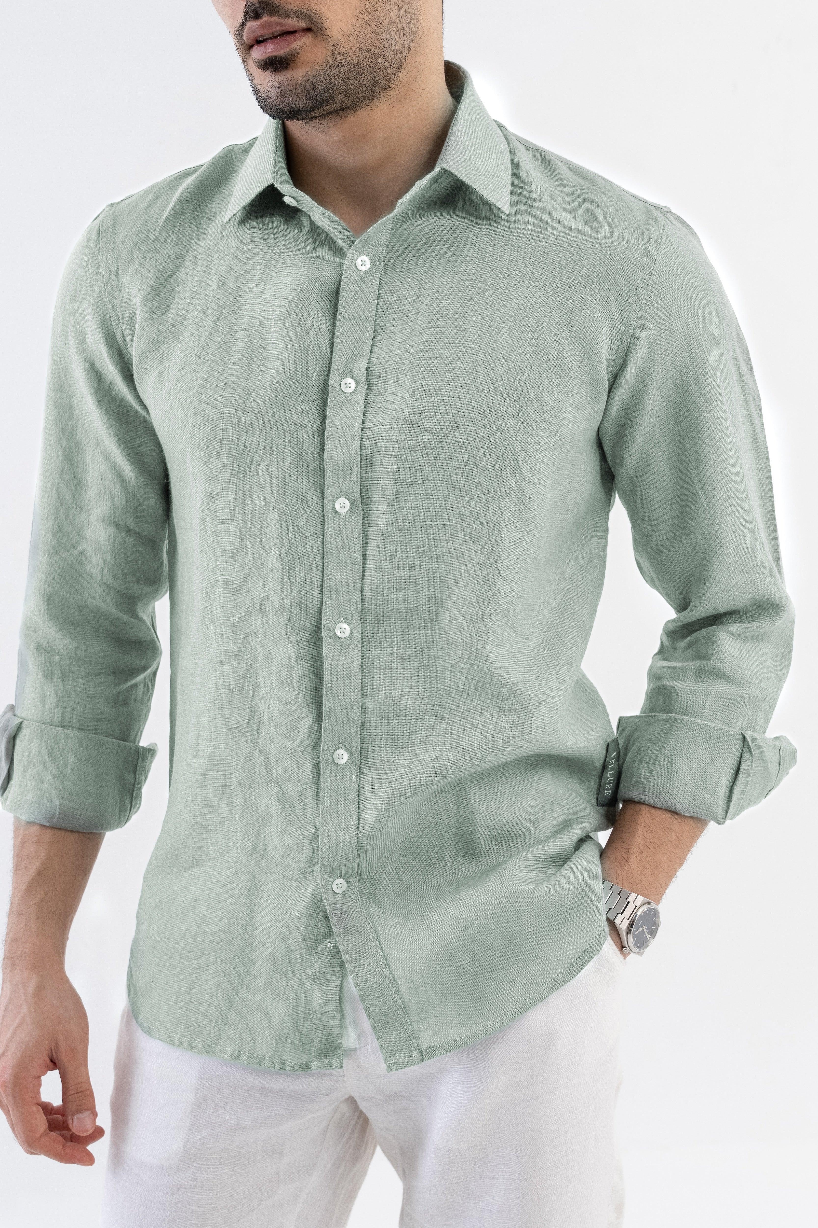 100% Linen Soft Touch Relaxed Fit Shirt in Lust Sage