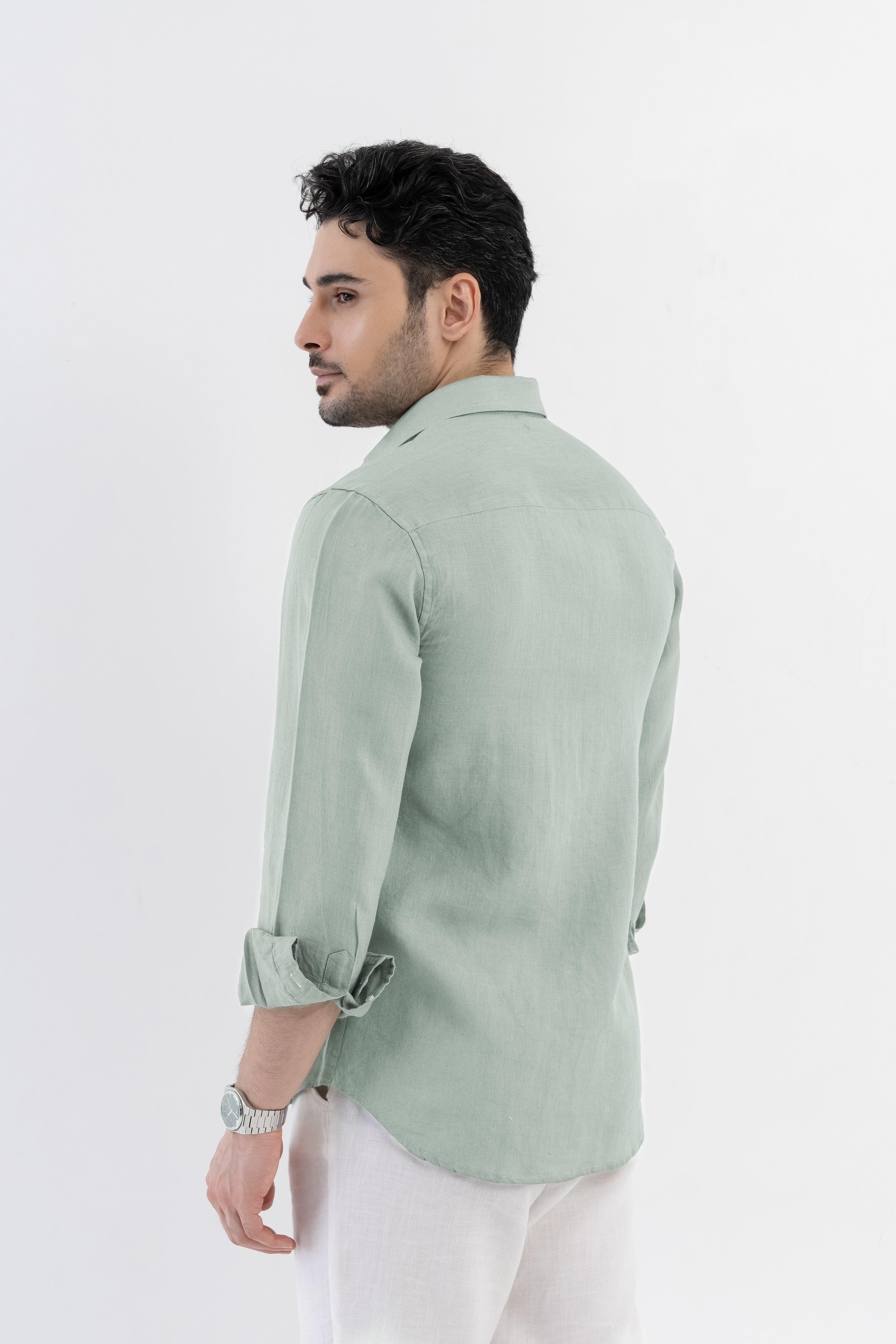 100% Linen Soft Touch Relaxed Fit Shirt in Lust Sage