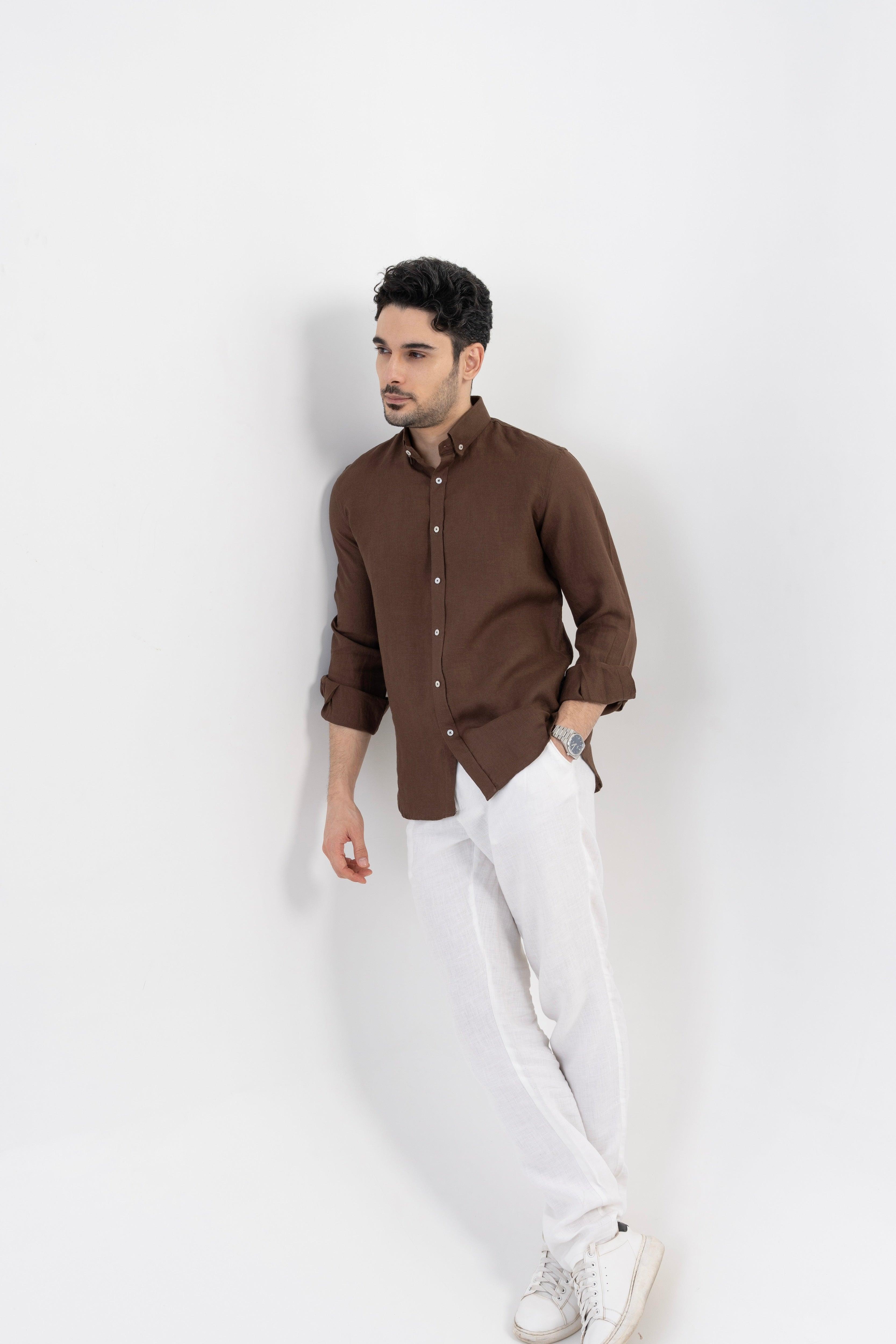 100% Linen Soft Touch Pecan Brown Shirt