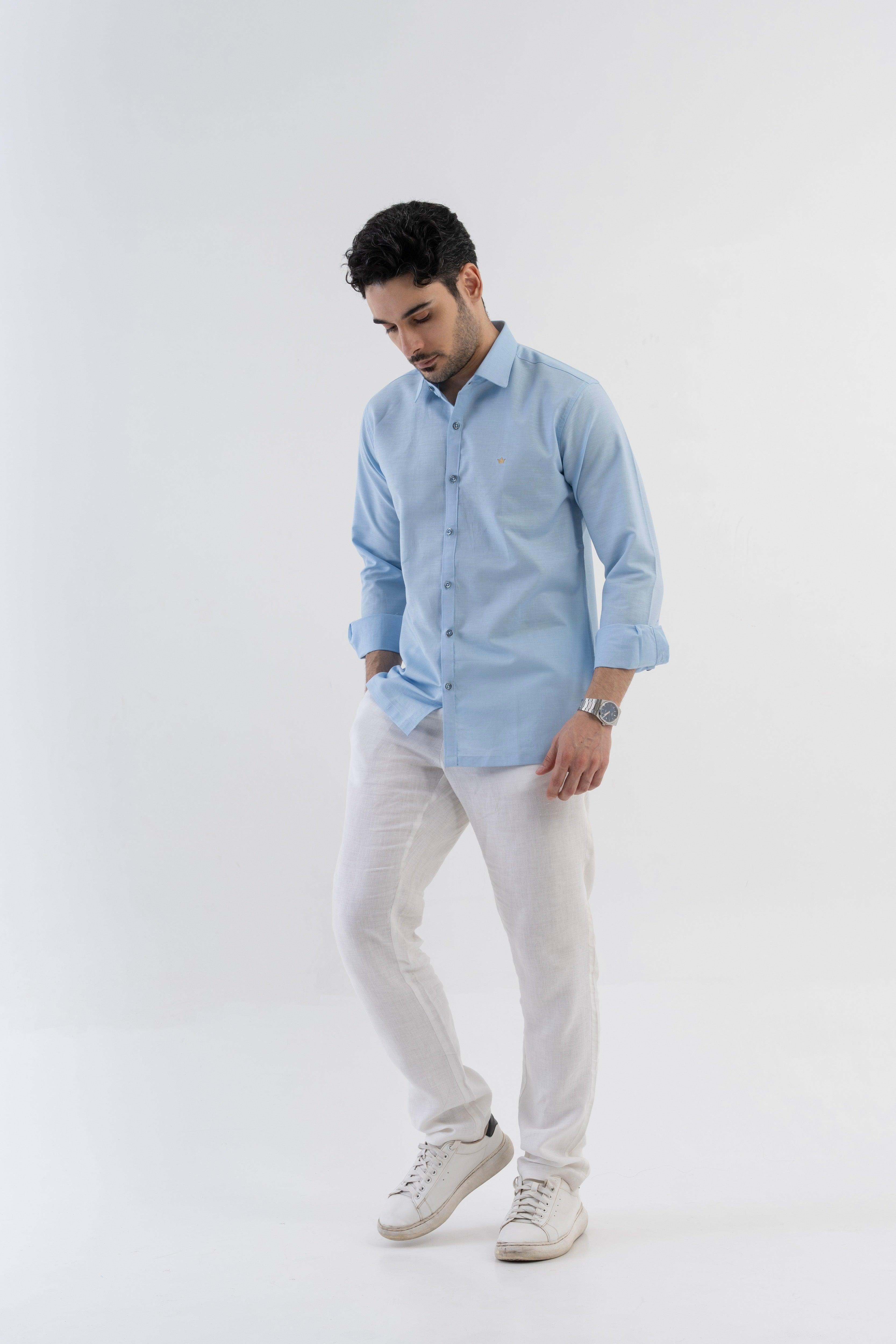 Conquest Baby Blue Linen Blend Shirt