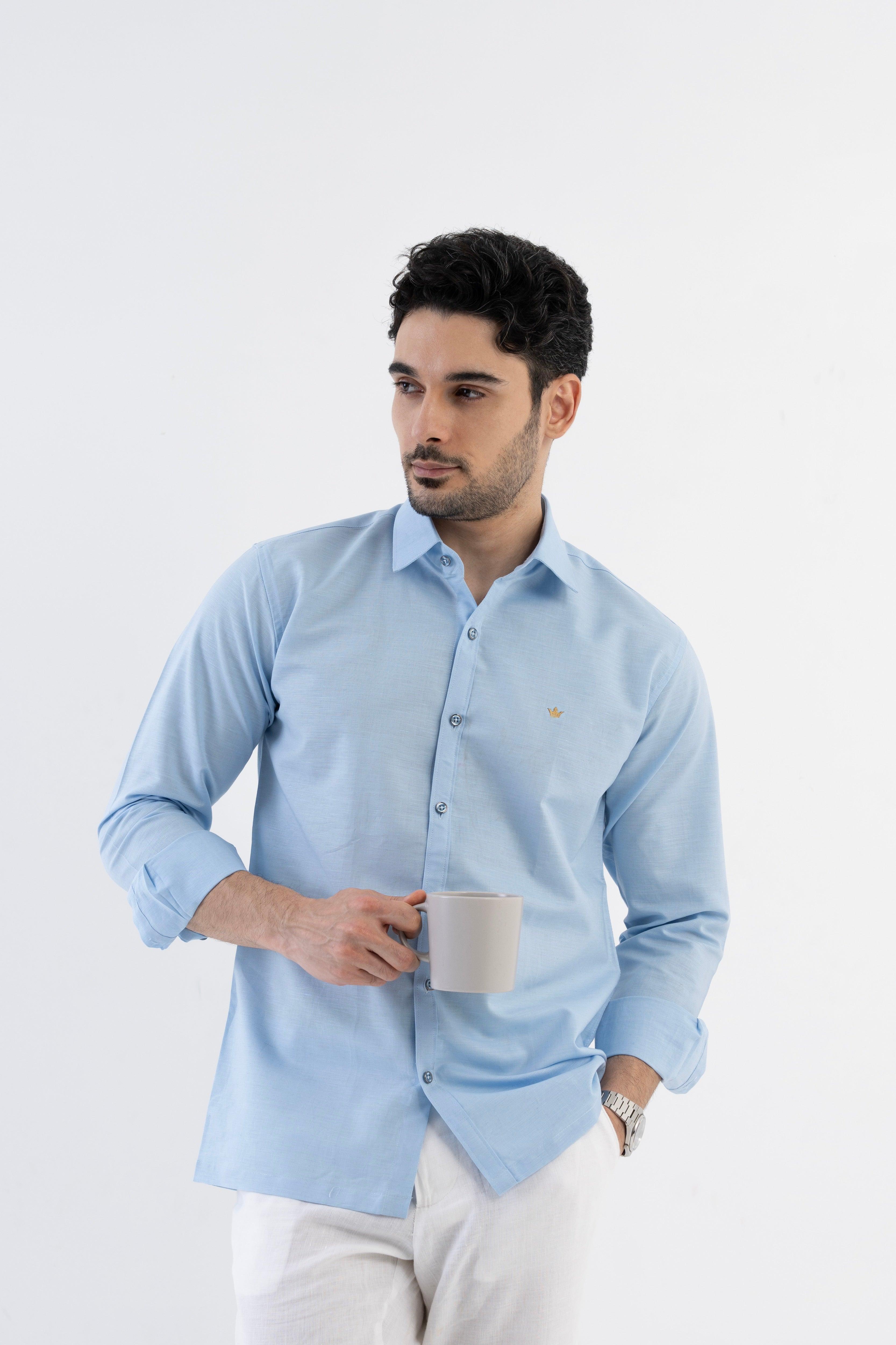 Conquest Baby Blue Linen Blend Shirt