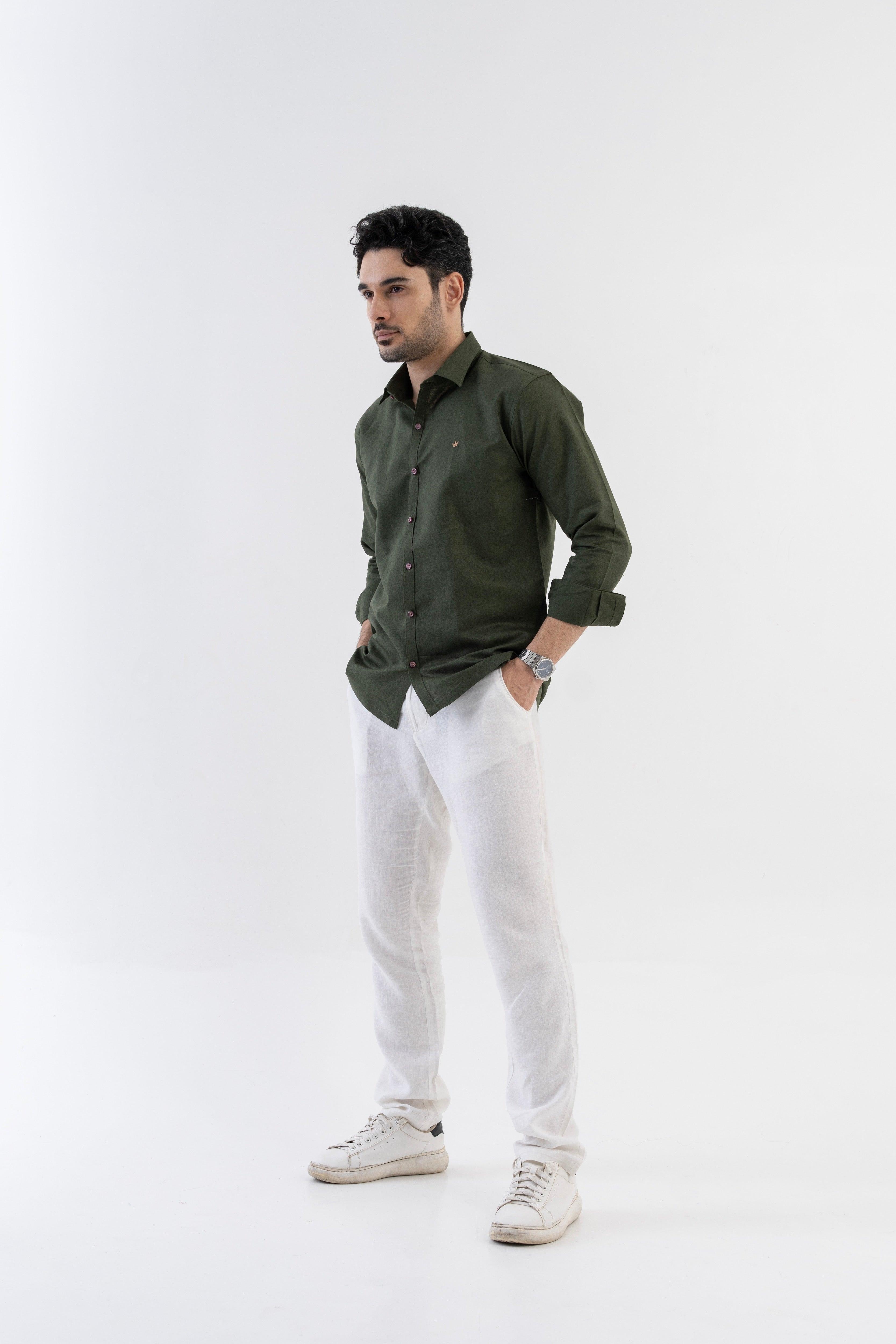 Conquest Olive Green Linen Blend Shirt