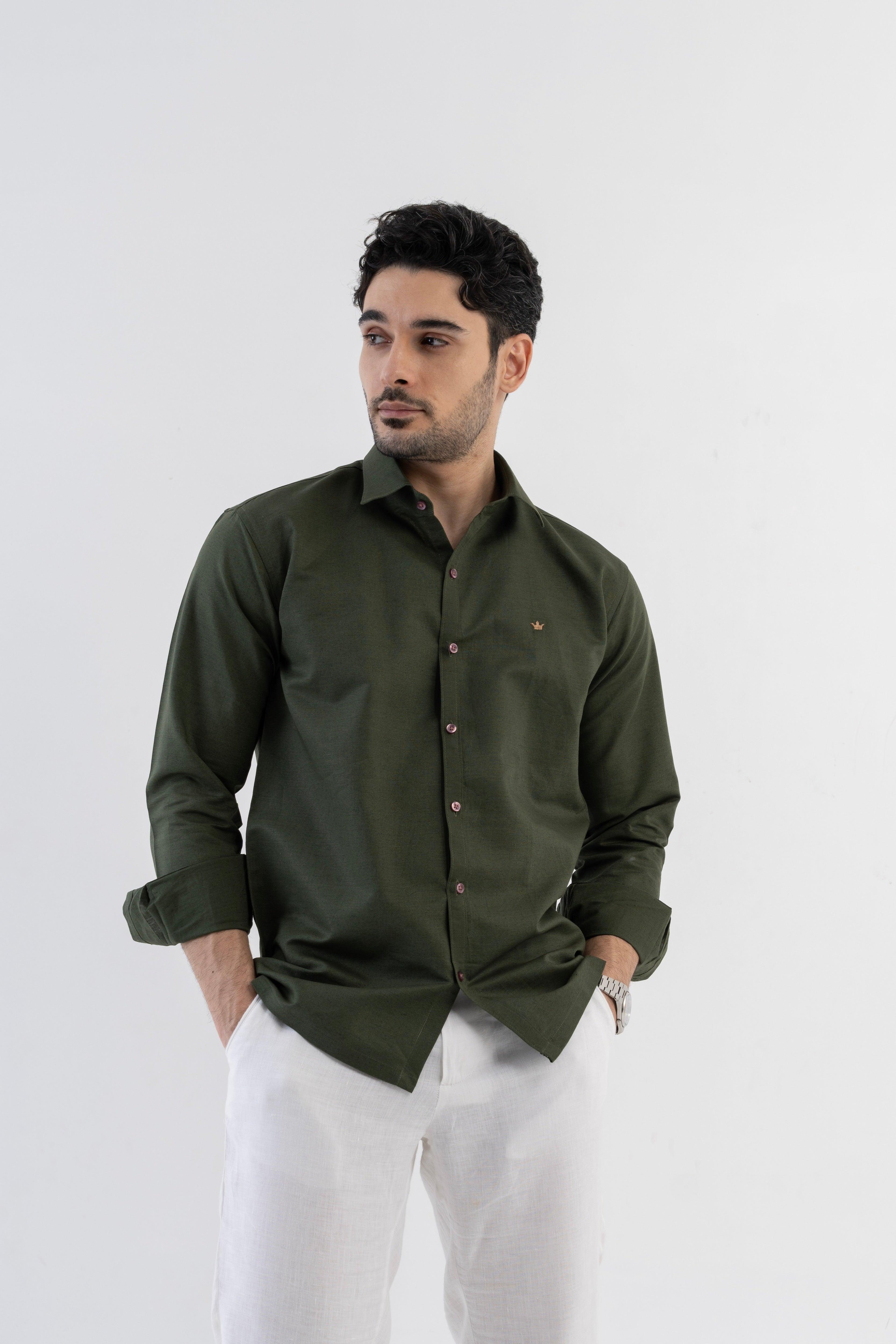 Conquest Olive Green Linen Blend Shirt