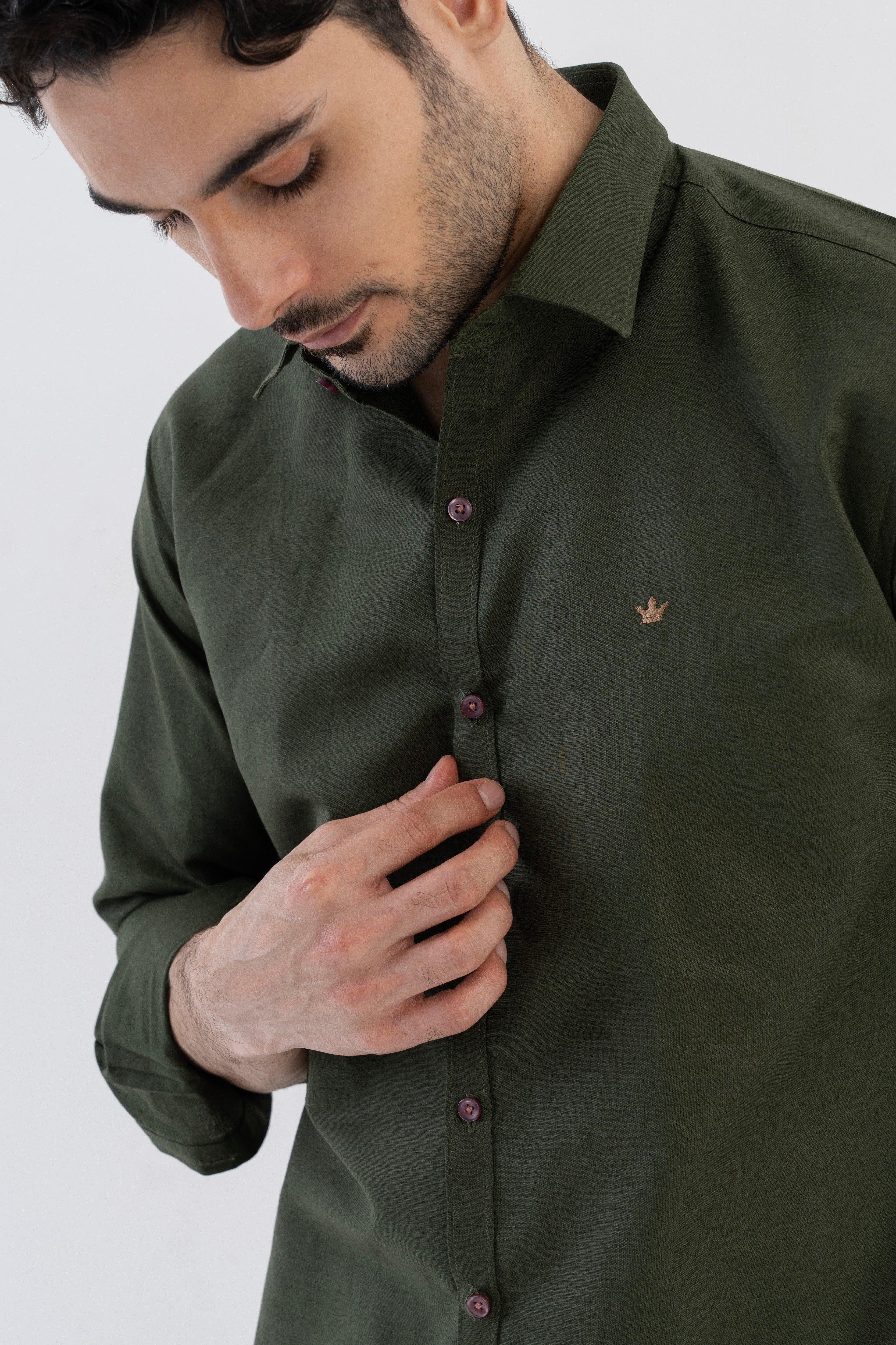 Conquest Olive Green Linen Blend Shirt