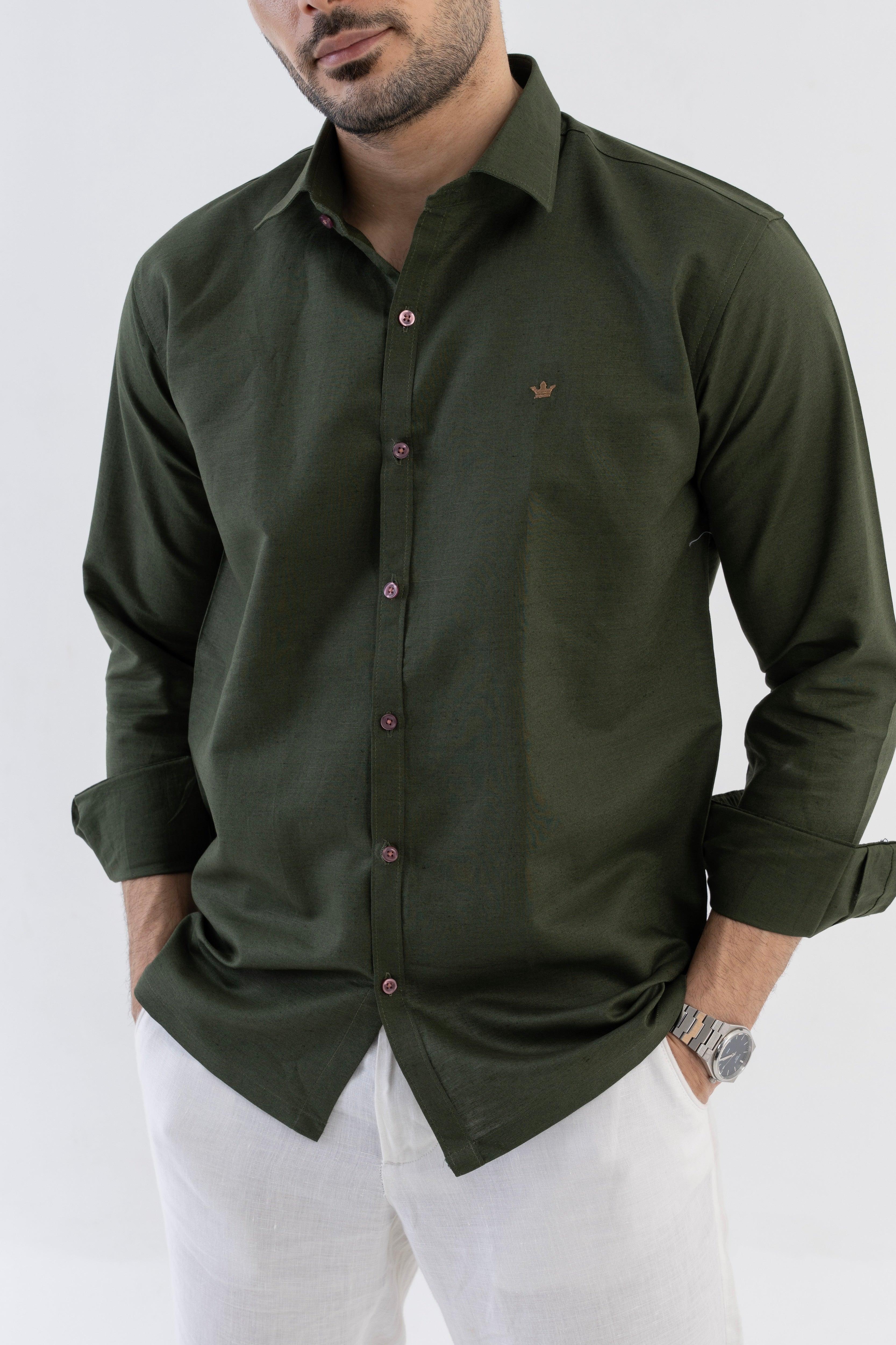 Conquest Olive Green Linen Blend Shirt