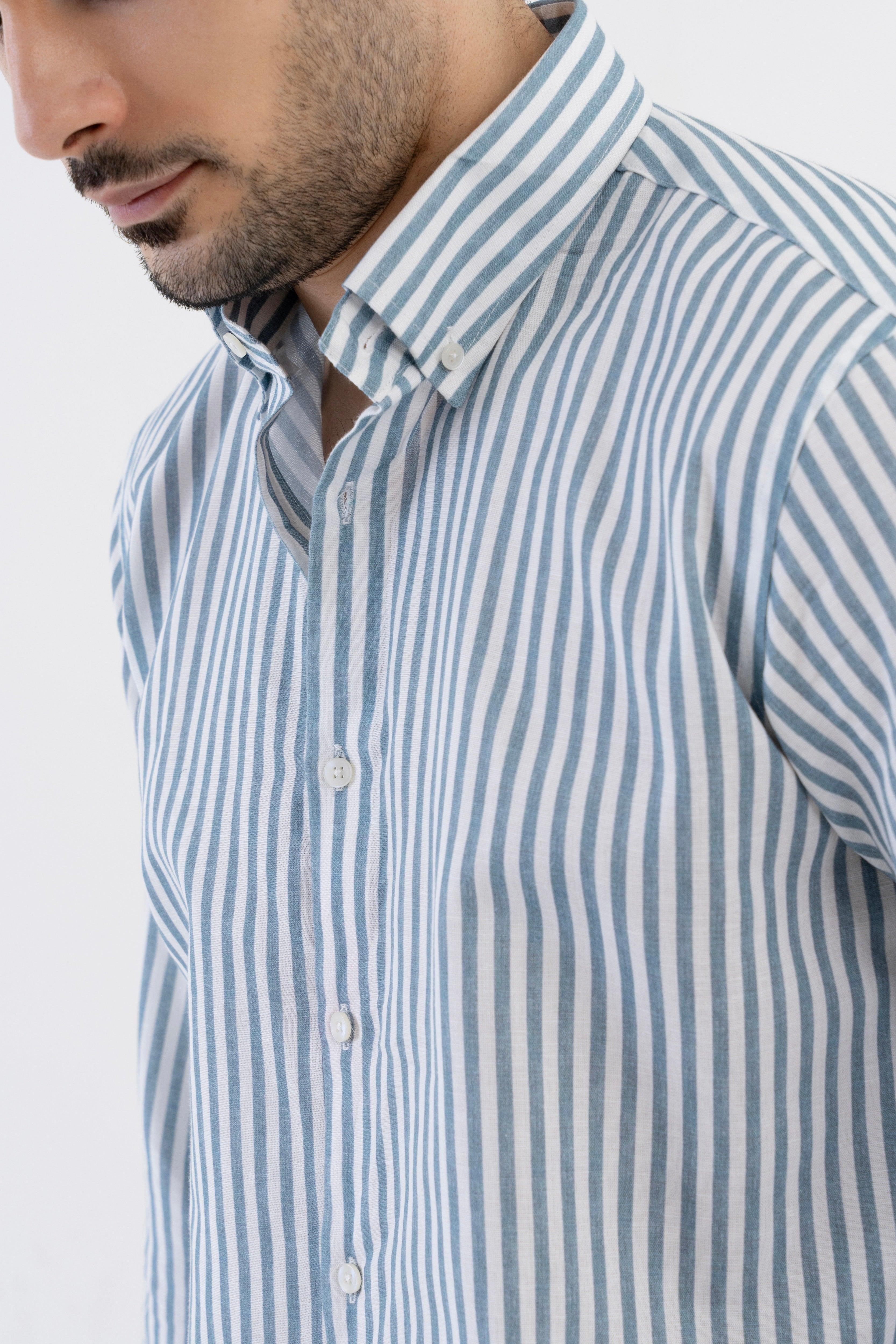 The Monaco Linen Striped Shirt in Amalfi Blue