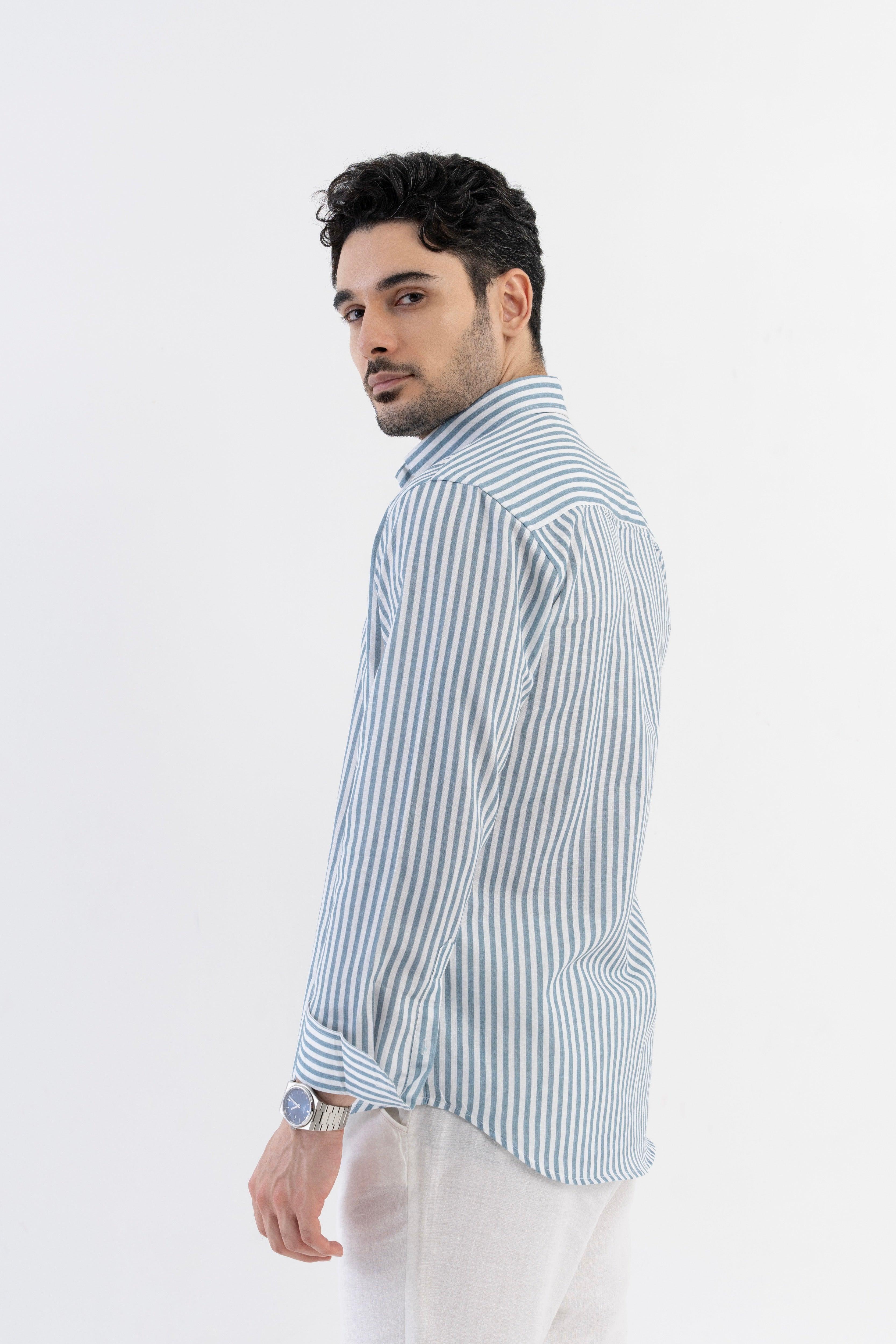 The Monaco Linen Striped Shirt in Amalfi Blue