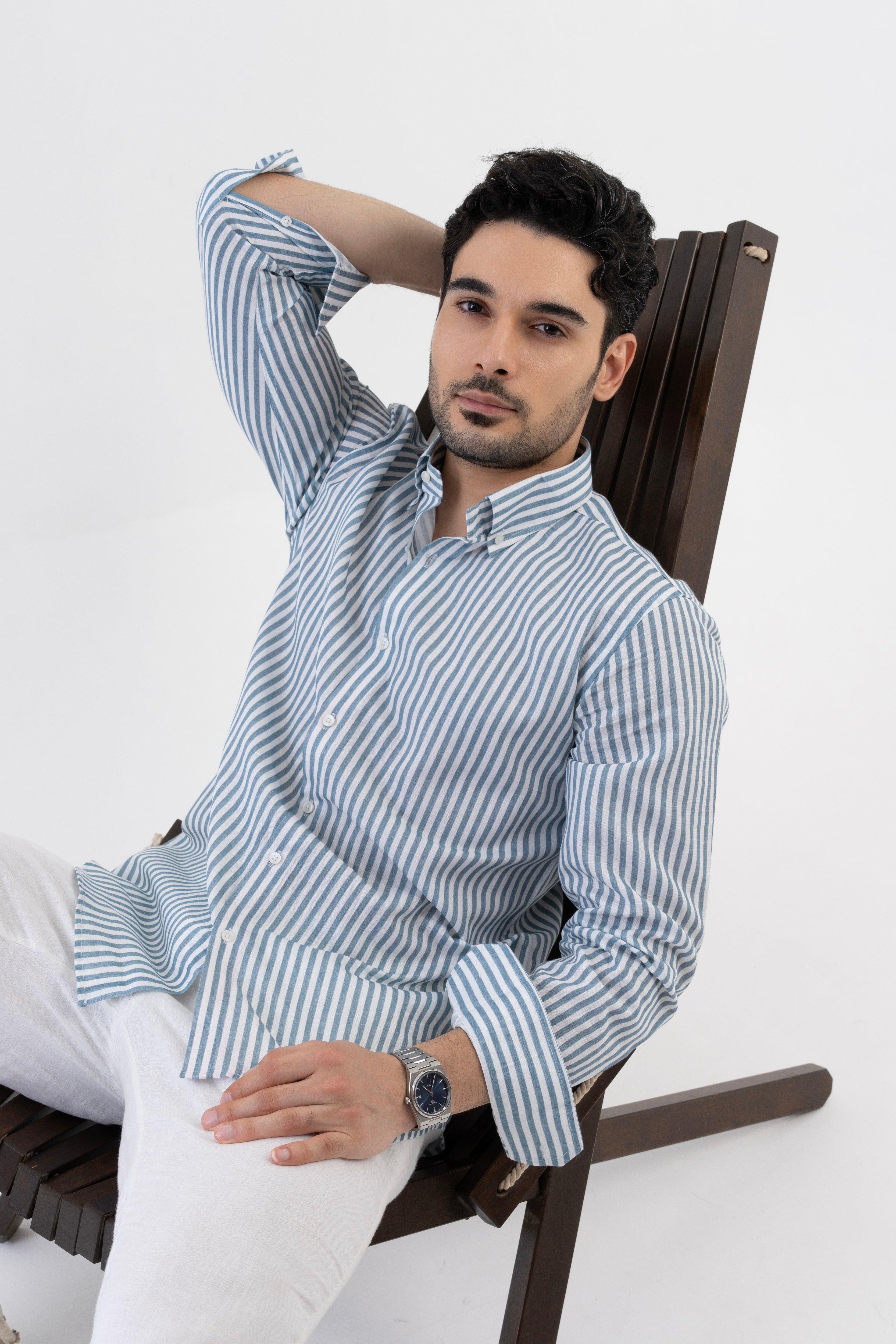 The Monaco Linen Striped Shirt in Amalfi Blue