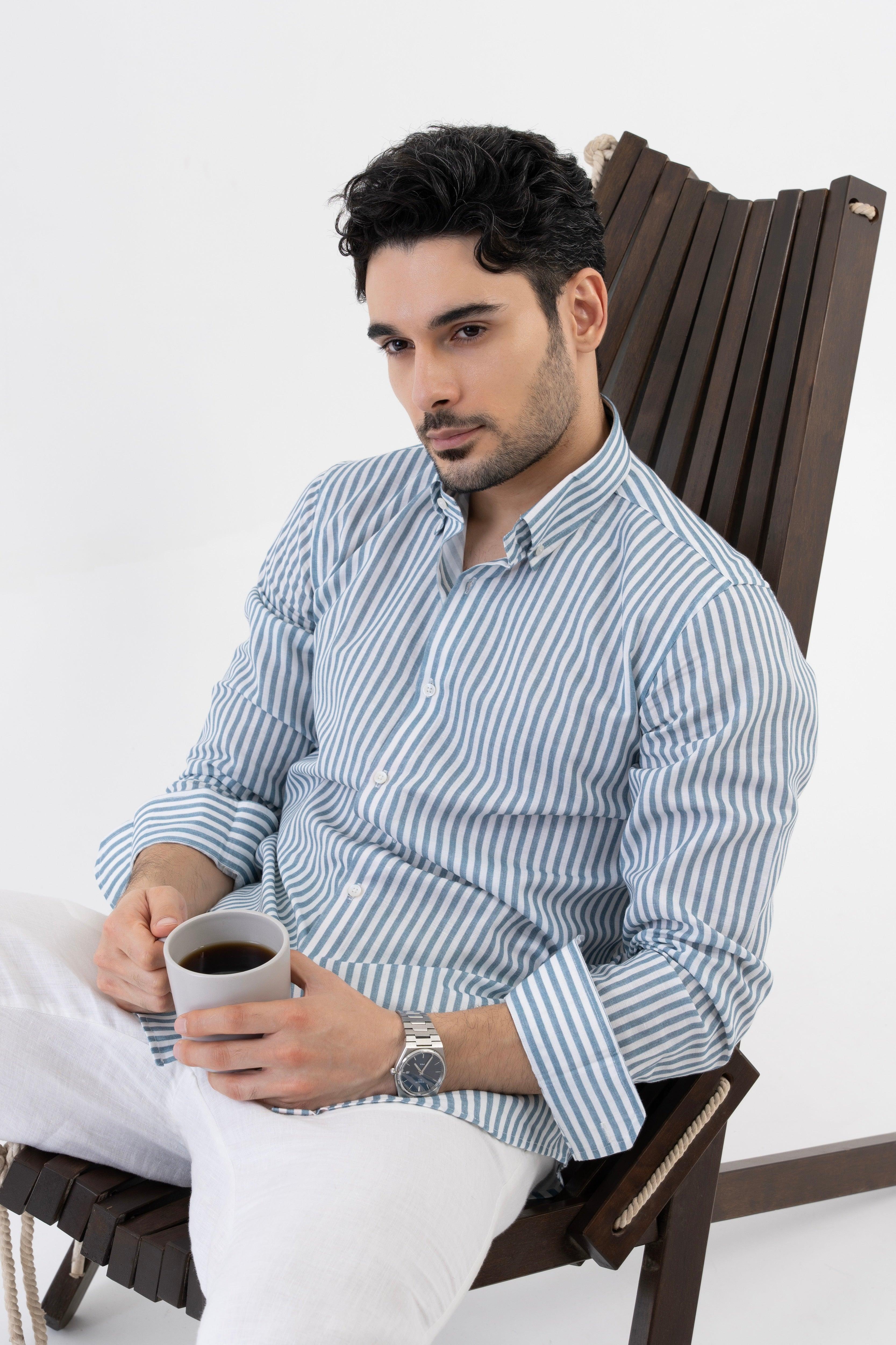 The Monaco Linen Striped Shirt in Amalfi Blue