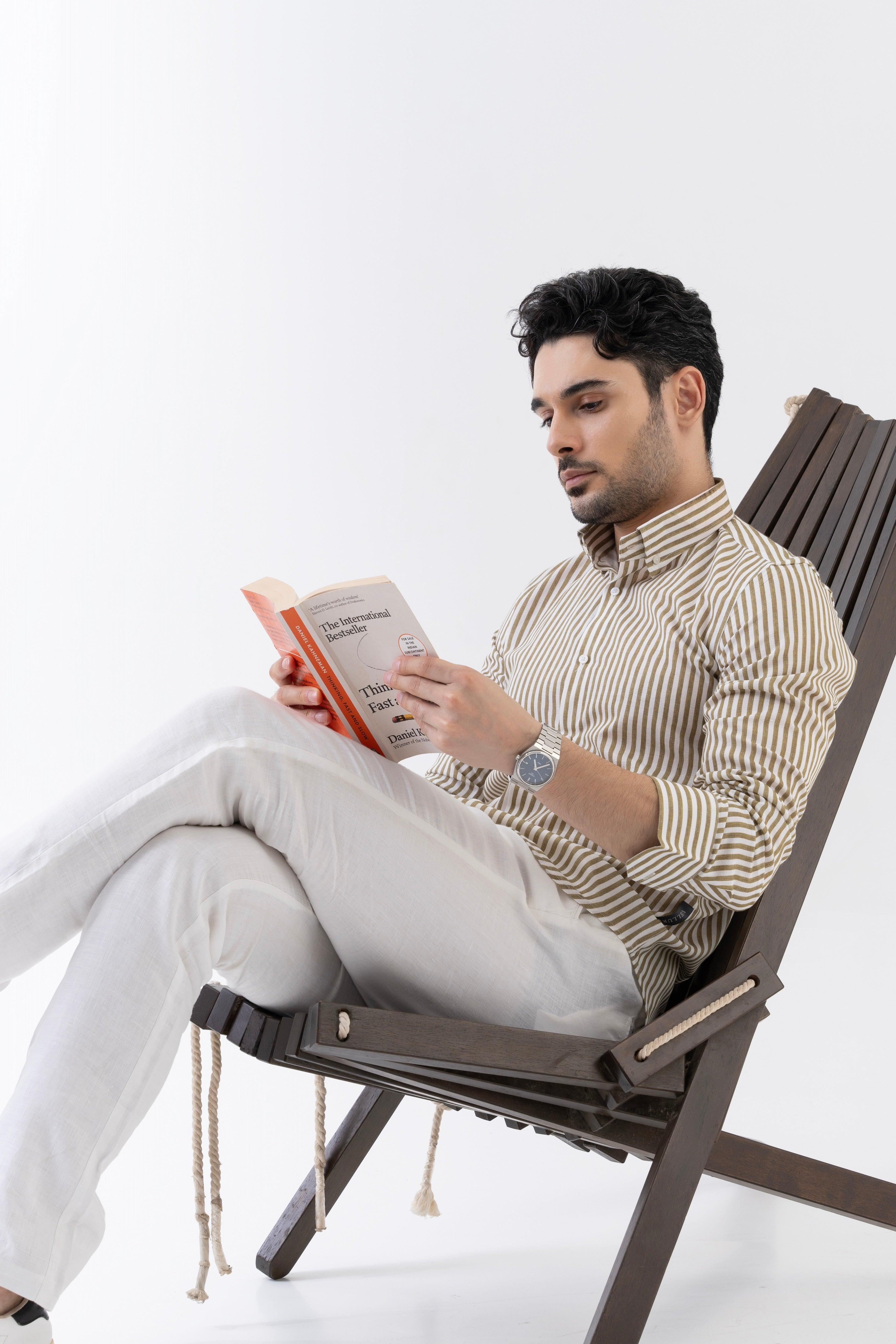 The Monaco Linen Striped Shirt in Sage Green