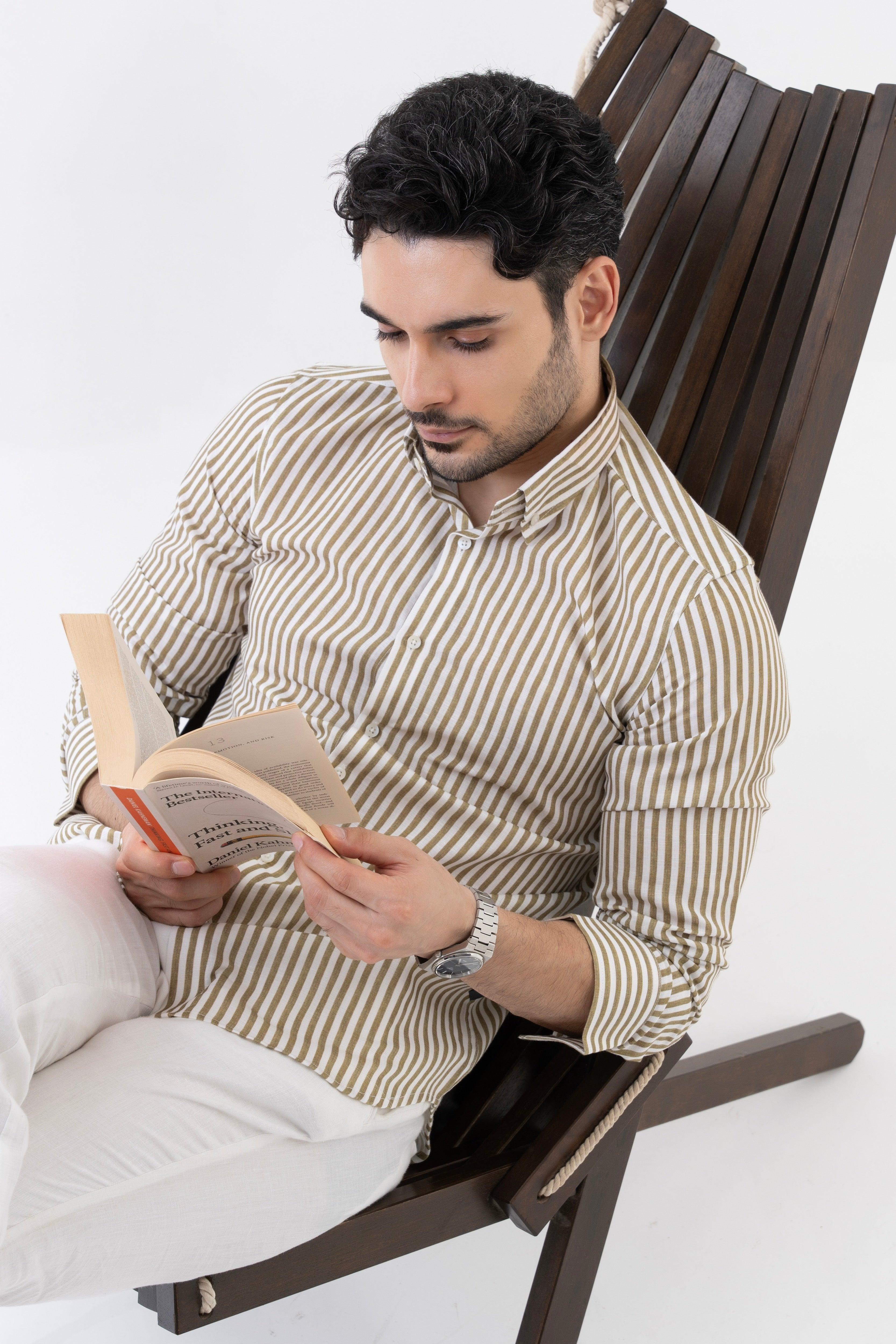 The Monaco Linen Striped Shirt in Sage Green