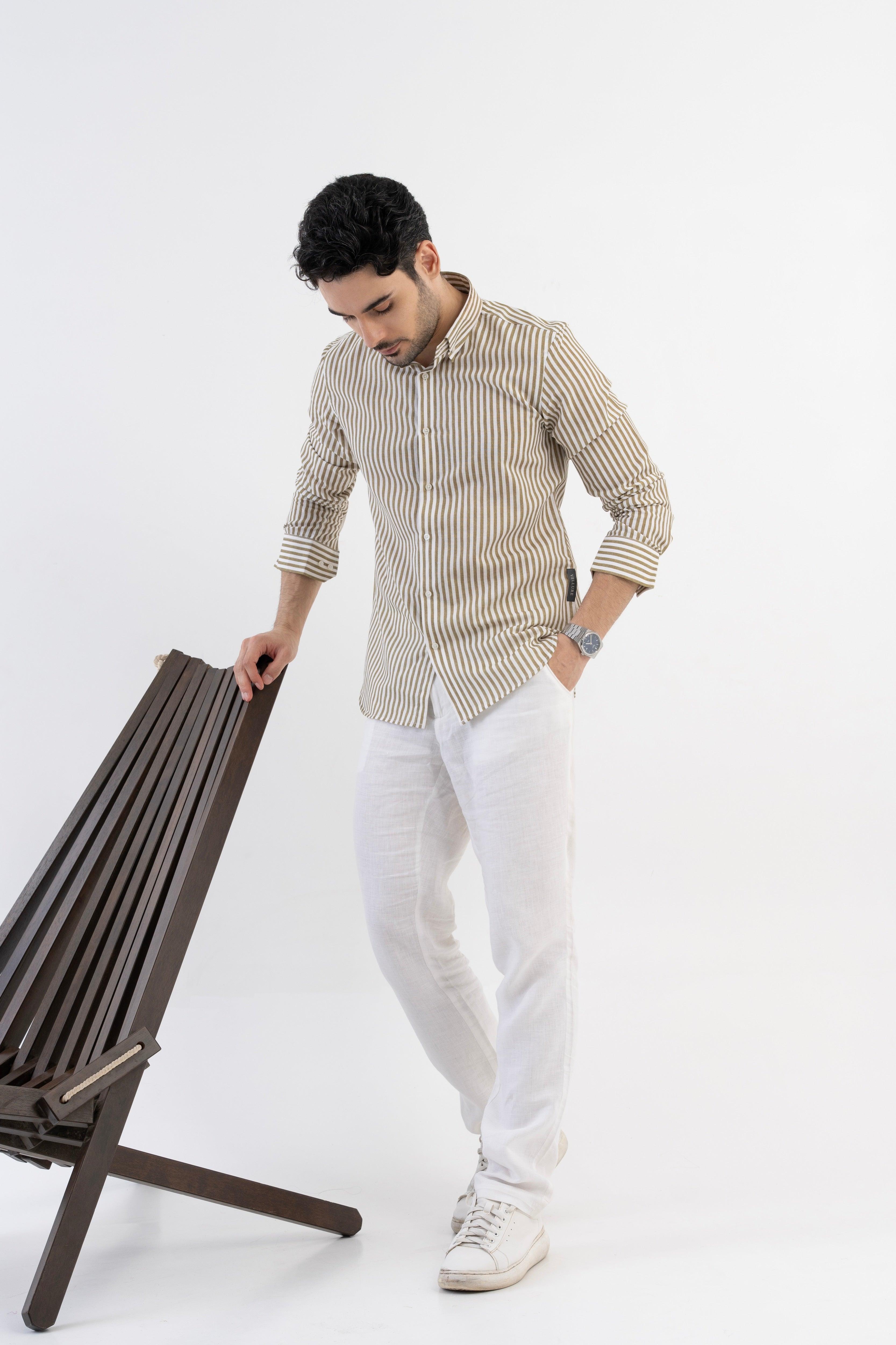 The Monaco Linen Striped Shirt in Sage Green