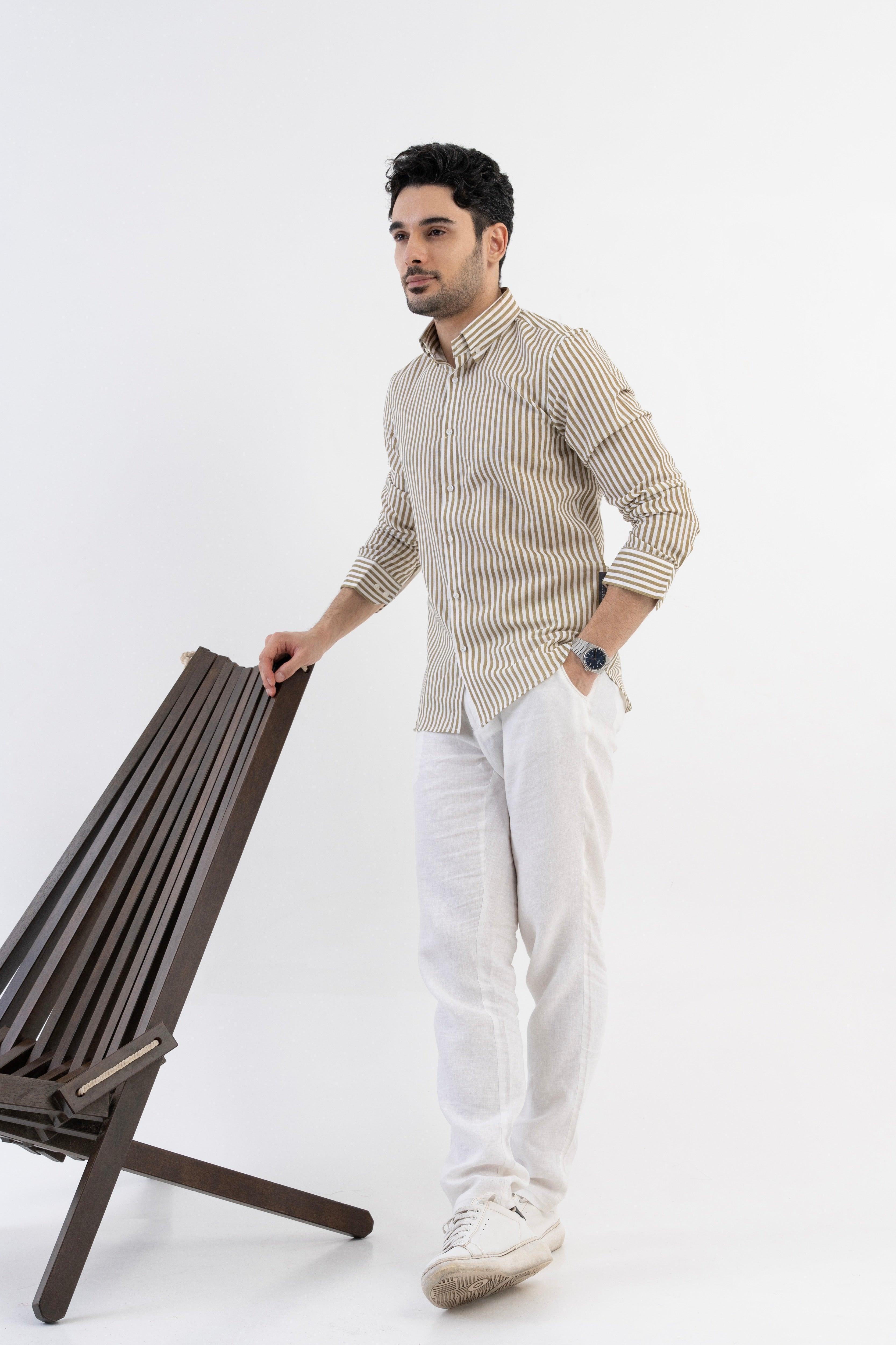 The Monaco Linen Striped Shirt in Sage Green