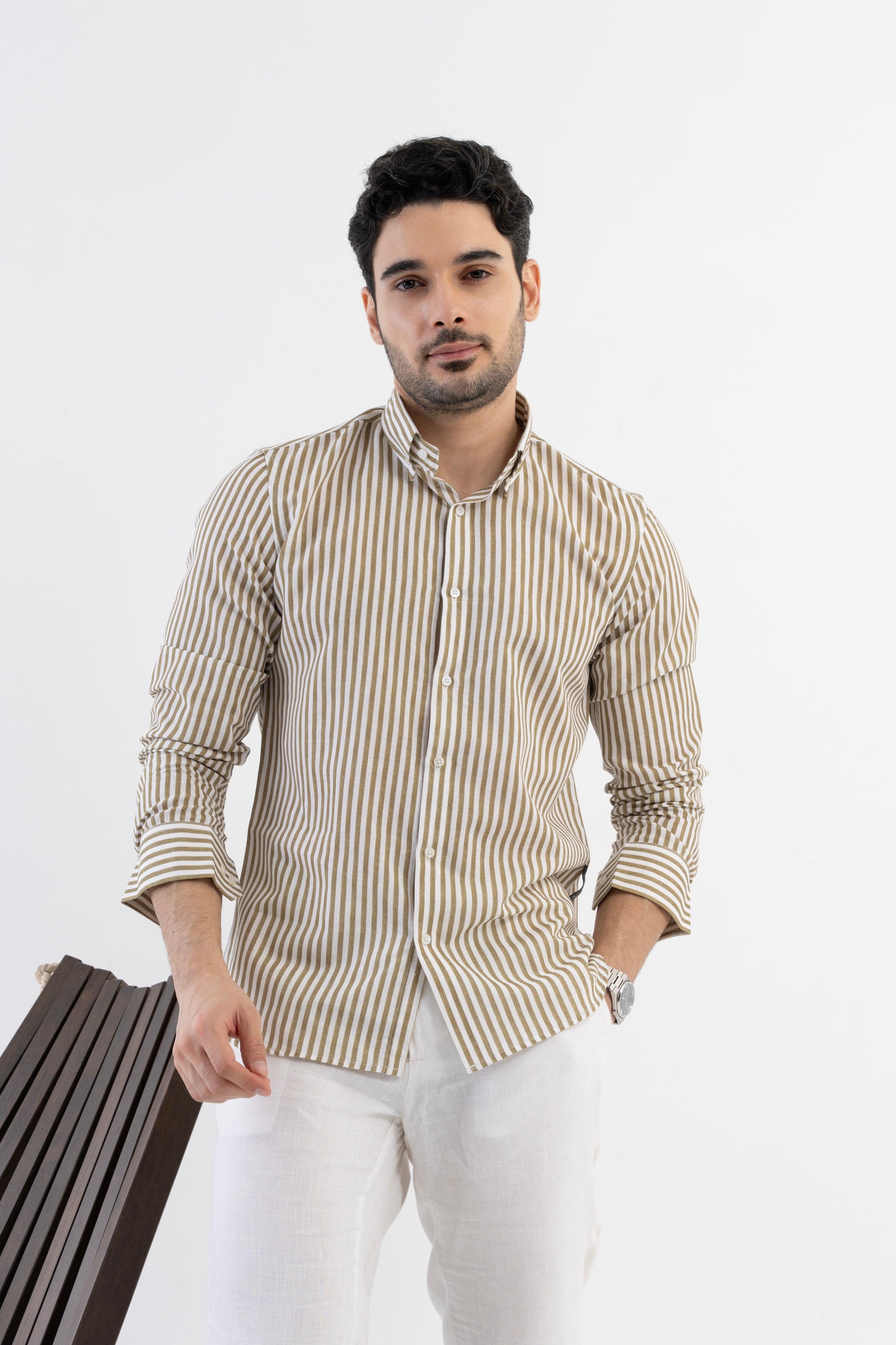 The Monaco Linen Striped Shirt in Sage Green