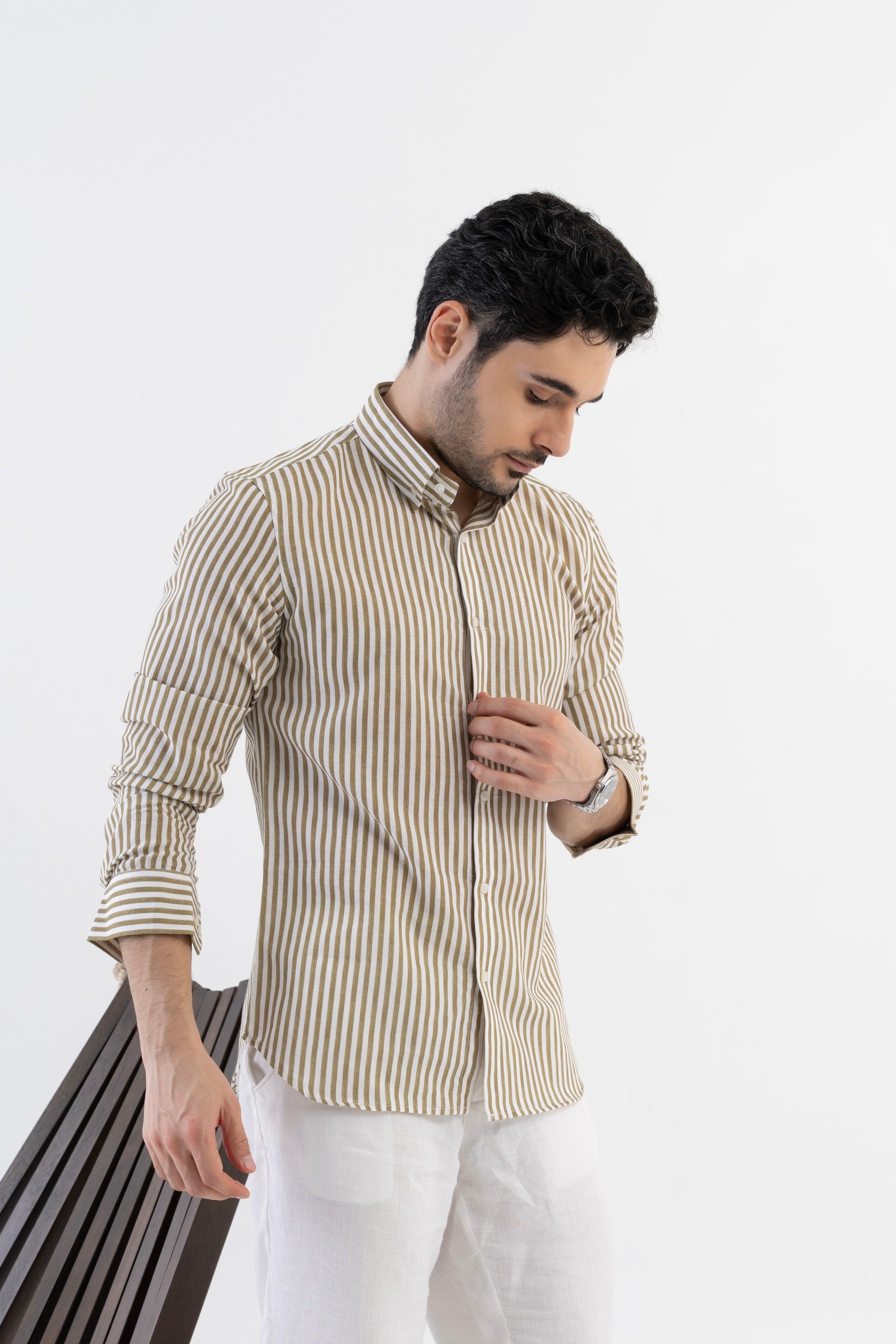 The Monaco Linen Striped Shirt in Sage Green