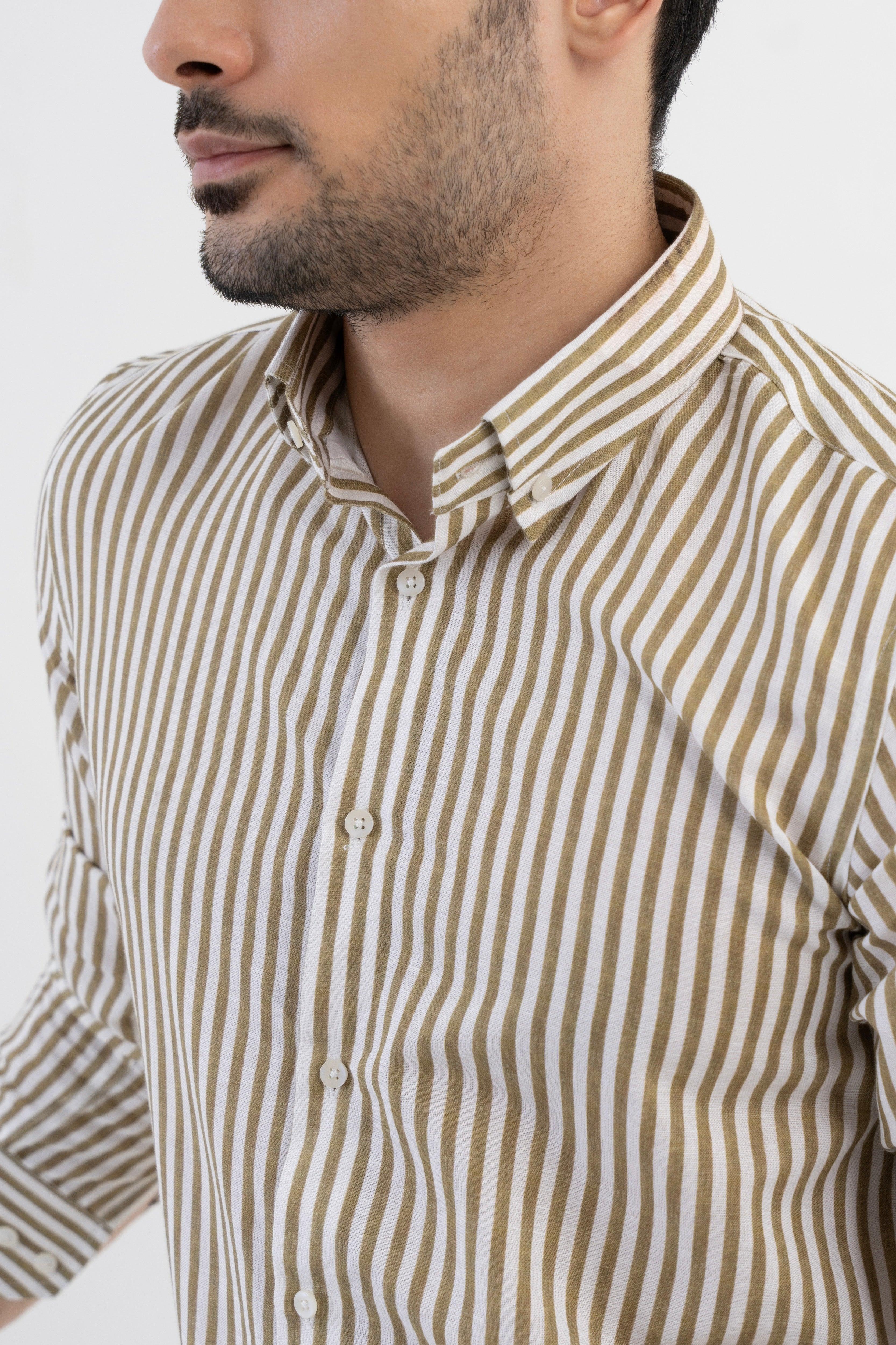 The Monaco Linen Striped Shirt in Sage Green