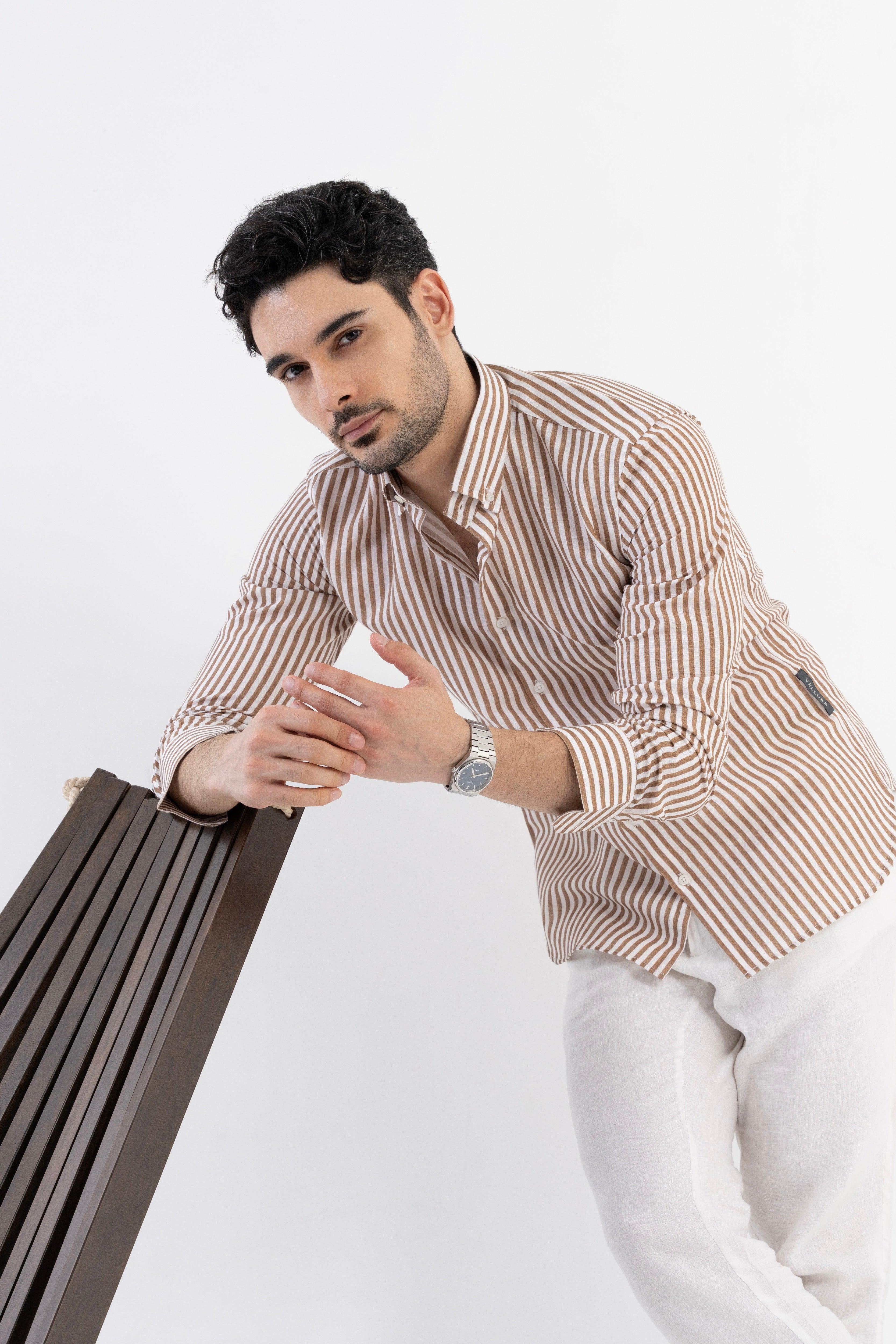 The Monaco Linen Striped Shirt in Pecan Brown