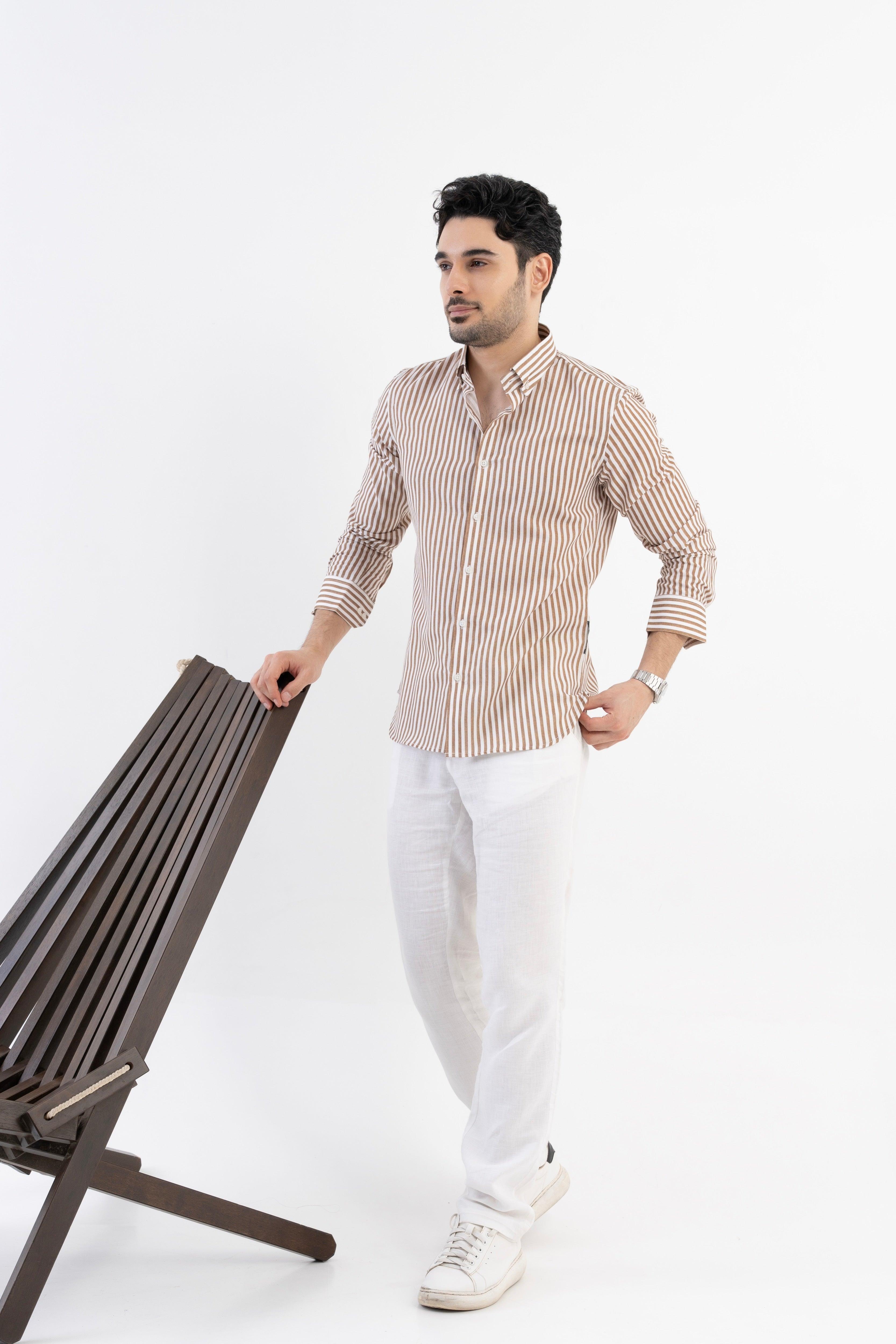 The Monaco Linen Striped Shirt in Pecan Brown