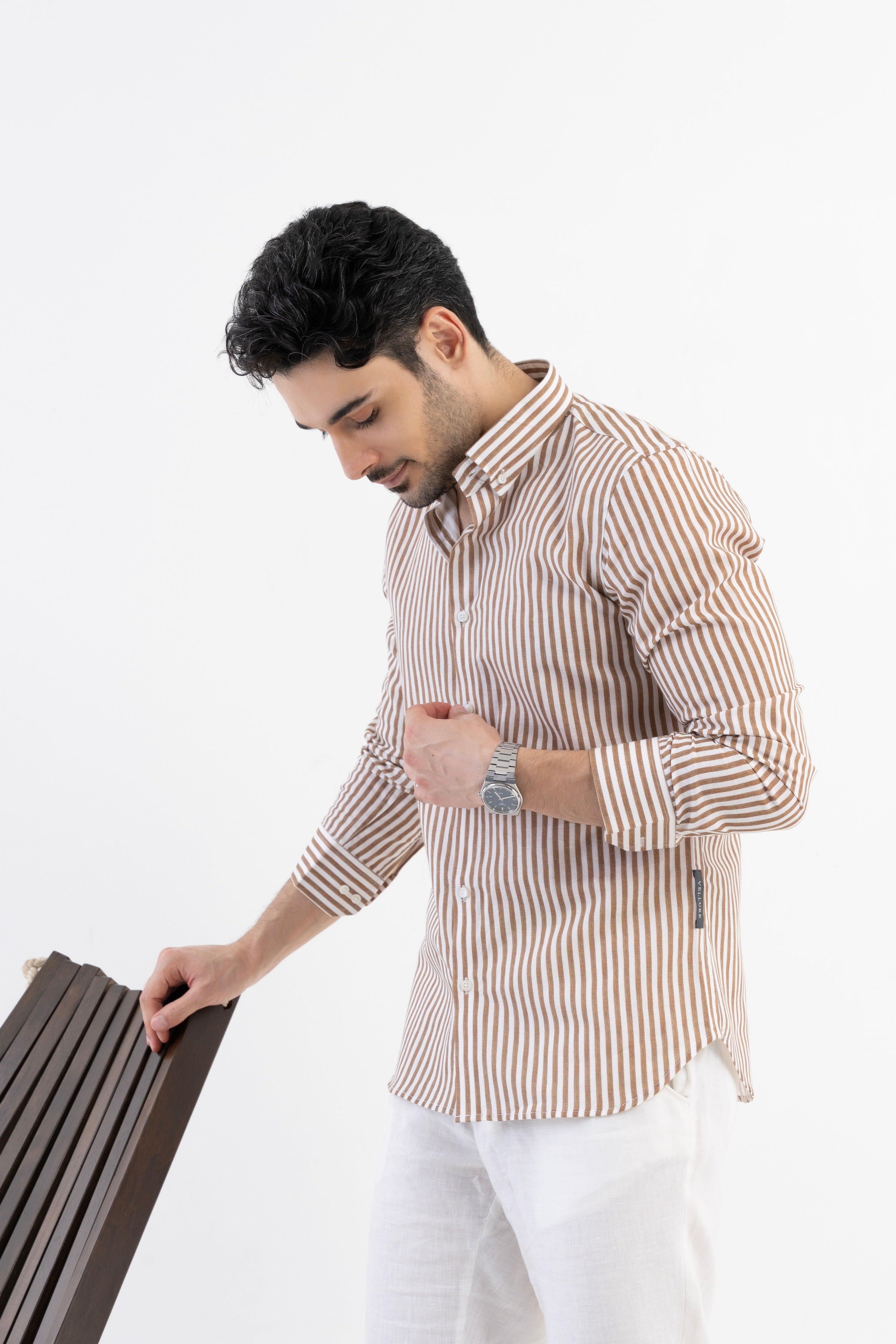 The Monaco Linen Striped Shirt in Pecan Brown