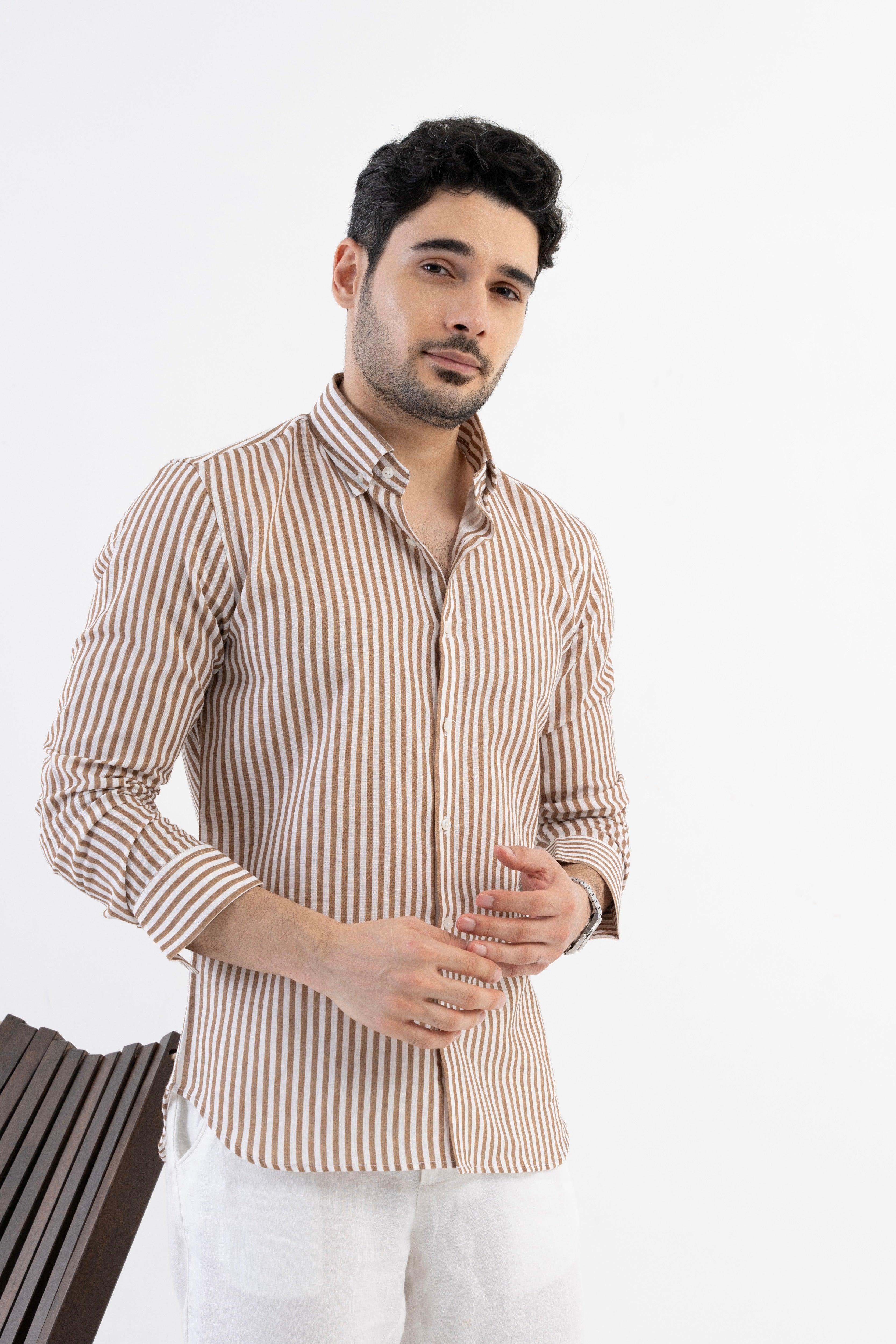 The Monaco Linen Striped Shirt in Pecan Brown