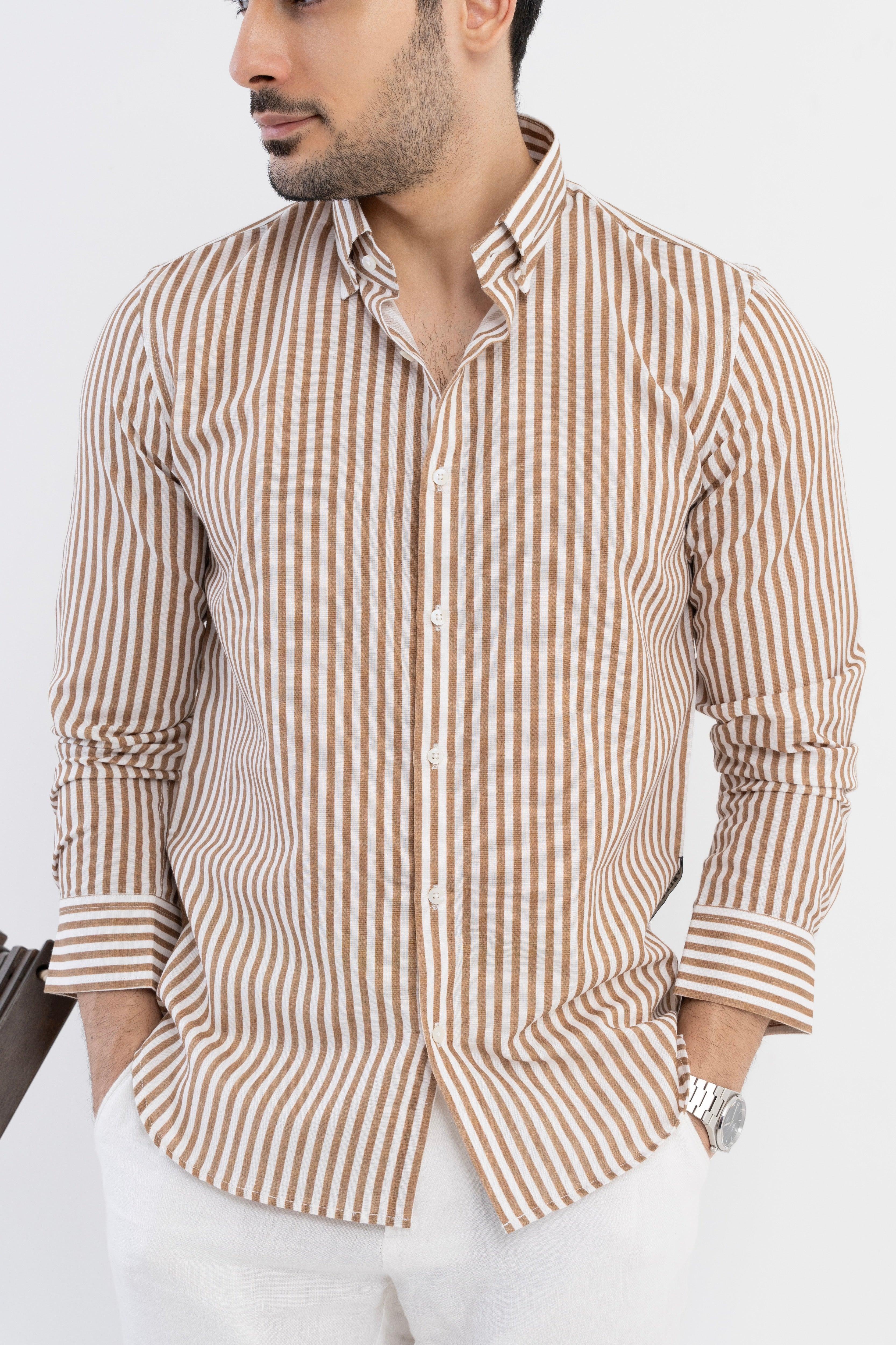 The Monaco Linen Striped Shirt in Pecan Brown