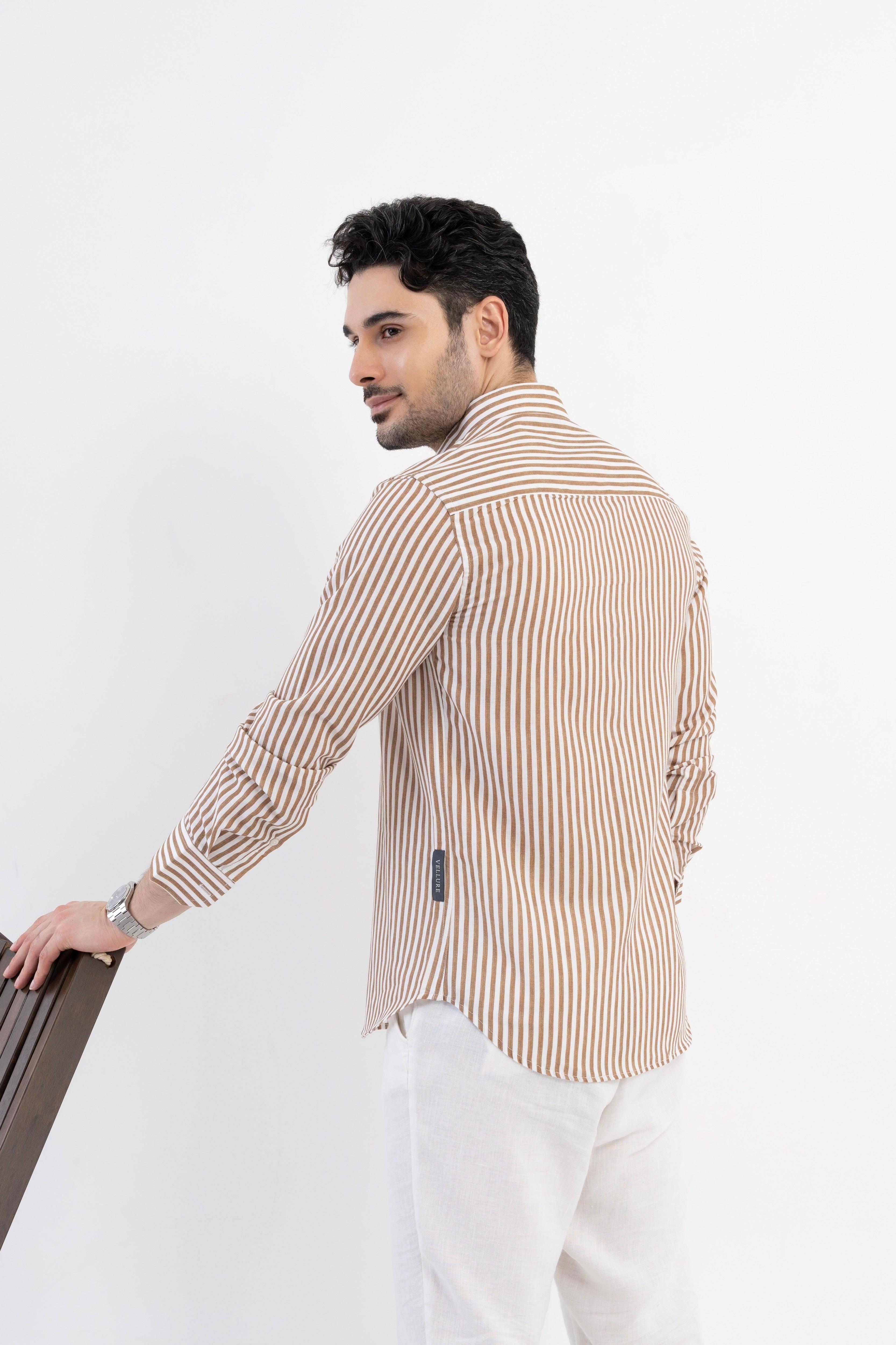 The Monaco Linen Striped Shirt in Pecan Brown