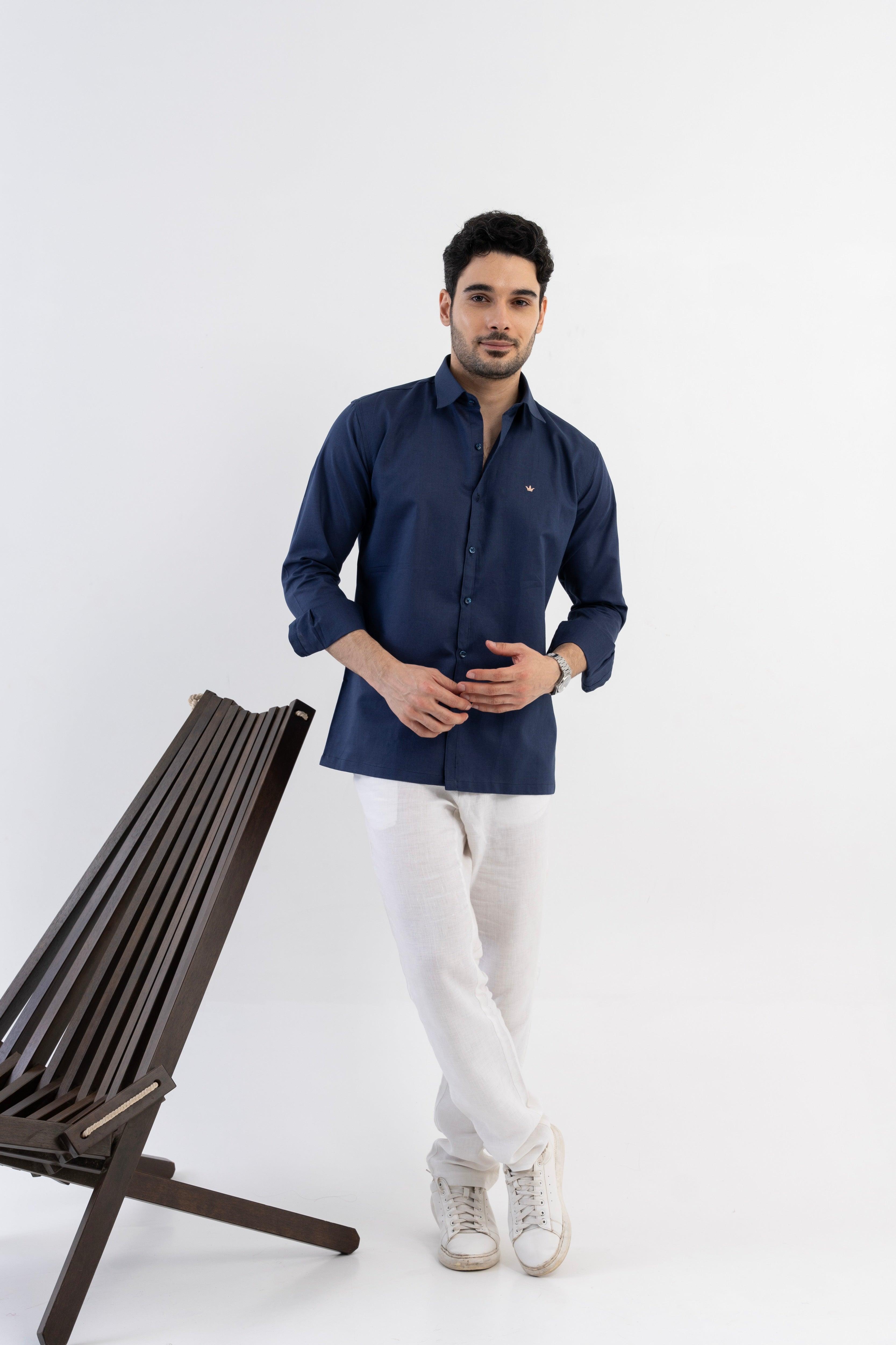 Conquest Navy Linen Blend Shirt