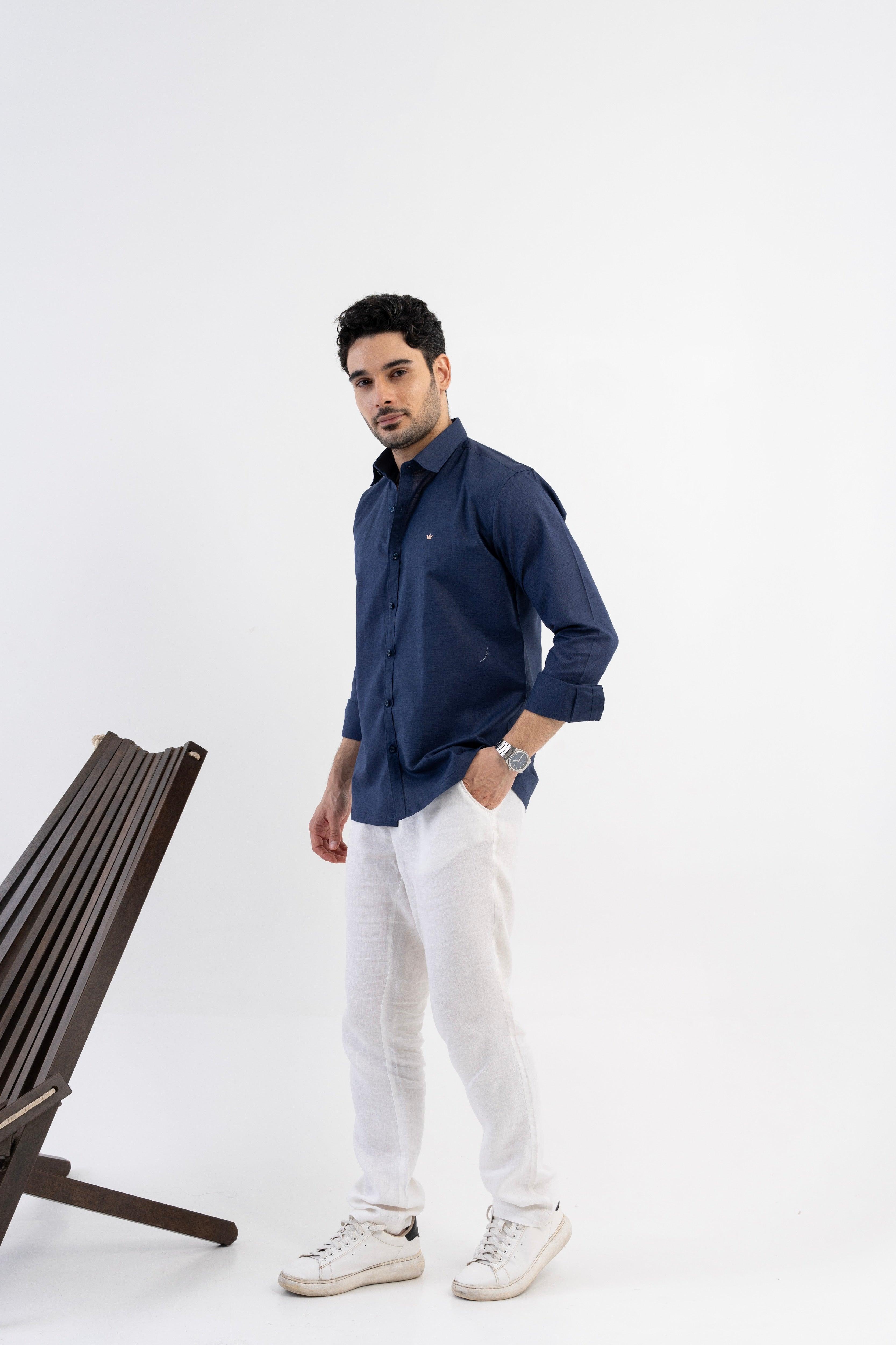 Conquest Navy Linen Blend Shirt