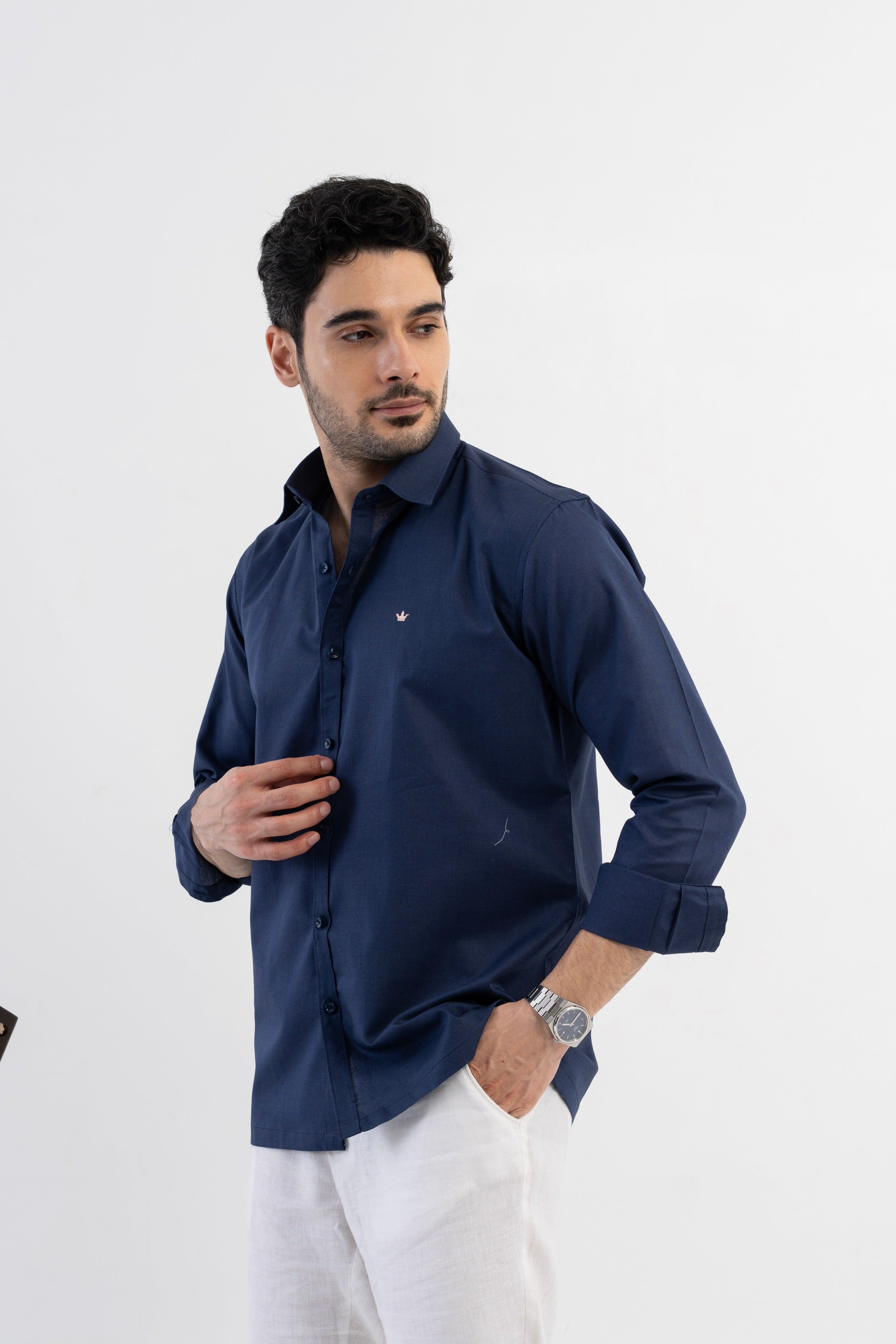 Conquest Navy Linen Blend Shirt